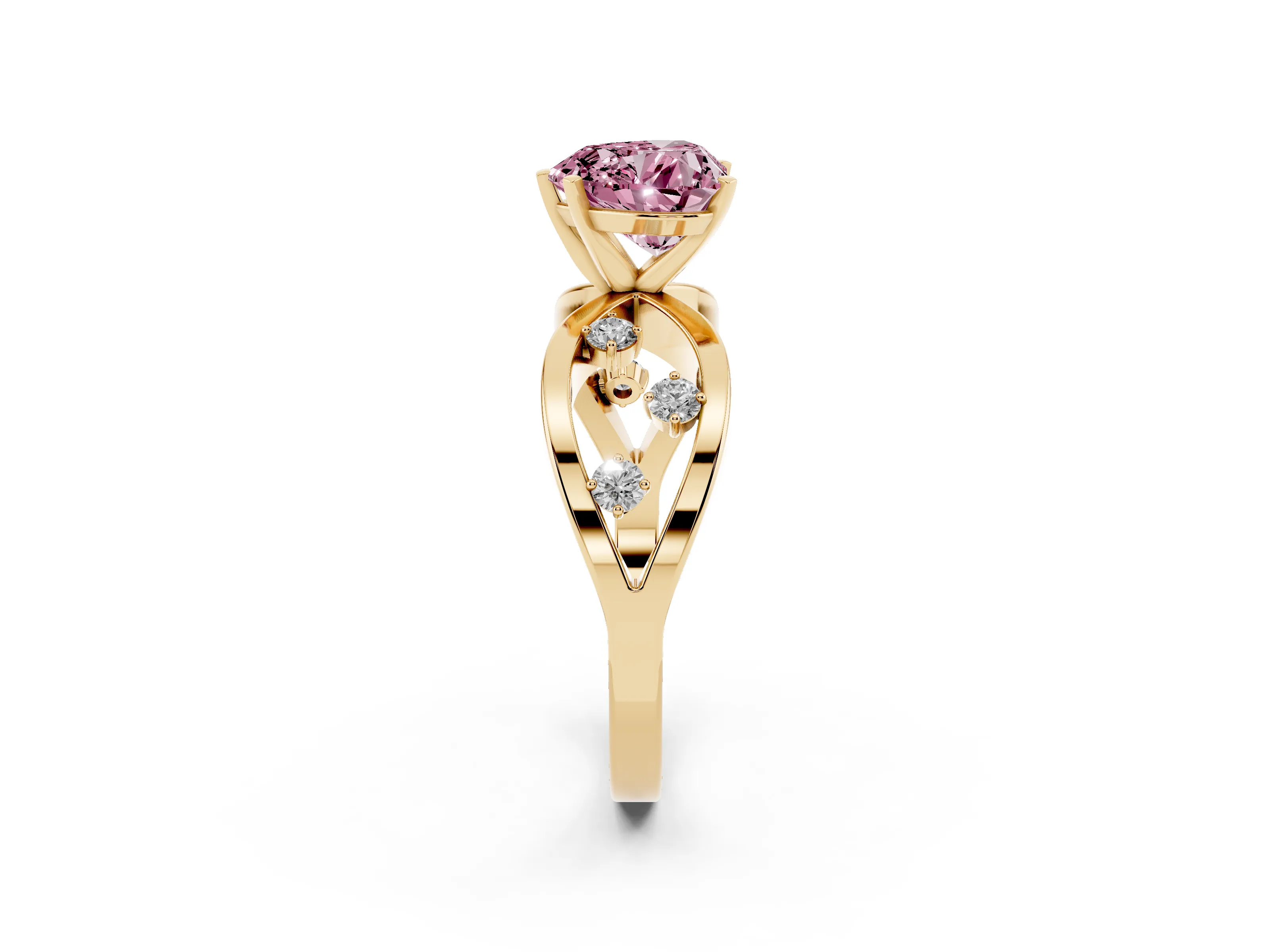 Fancy Pink Heart Cut Diamond Solitaire Ring Set in Yellow gold with Side Stones on Criss-Cross Band and Prong Setting