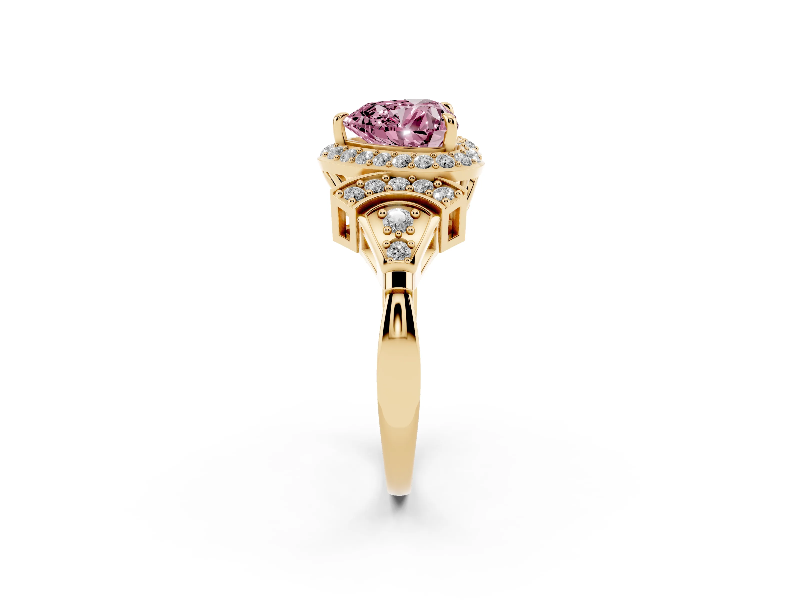 Fancy Pink Heart Cut Diamond Halo Engagement Ring Set in Yellow gold with Accent Stone Split Shank