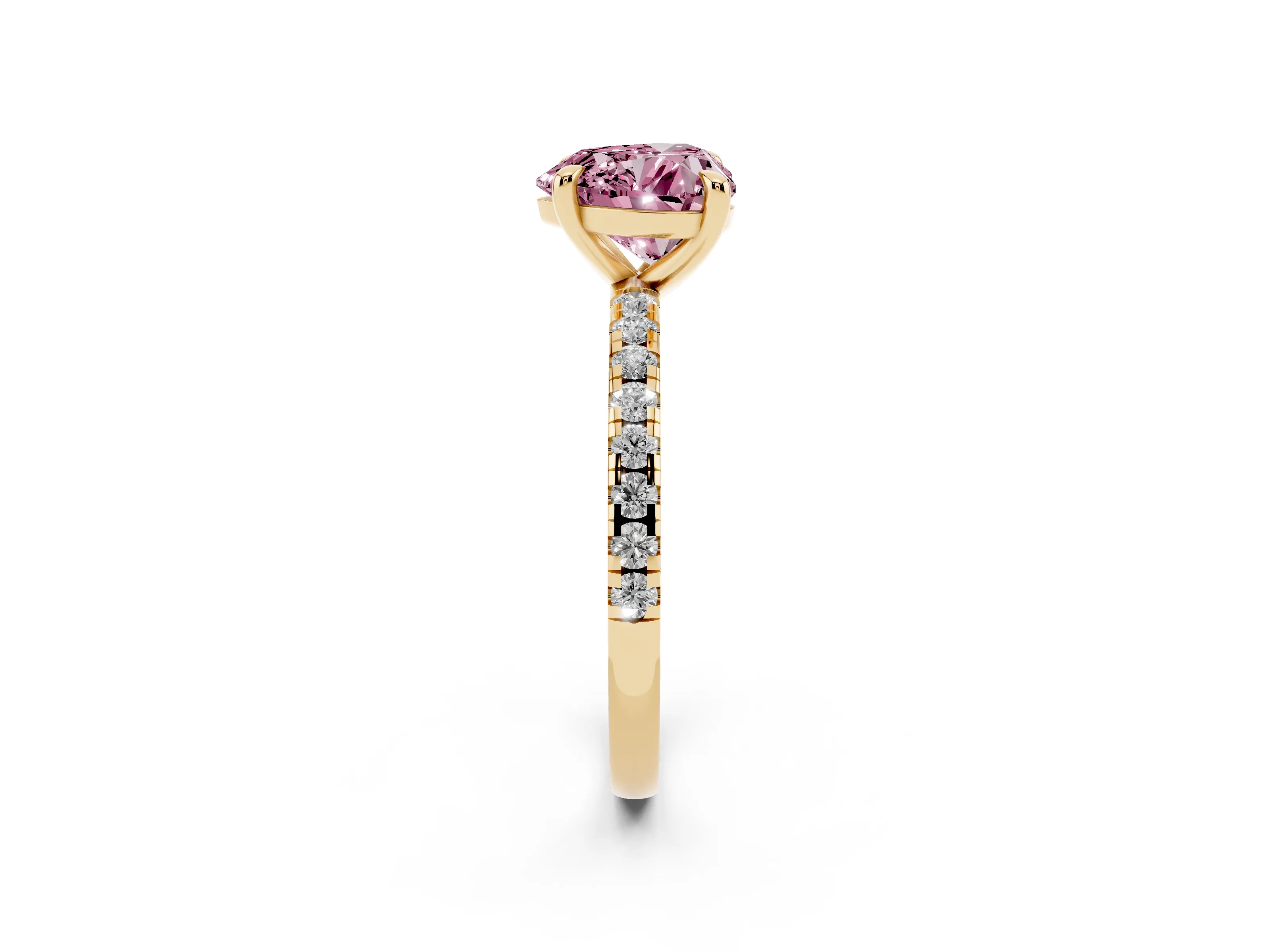 Fancy Pink Heart Cut Diamond Brilliant Solitaire Ring Set in Yellow gold with Pavé Band and Prong Setting