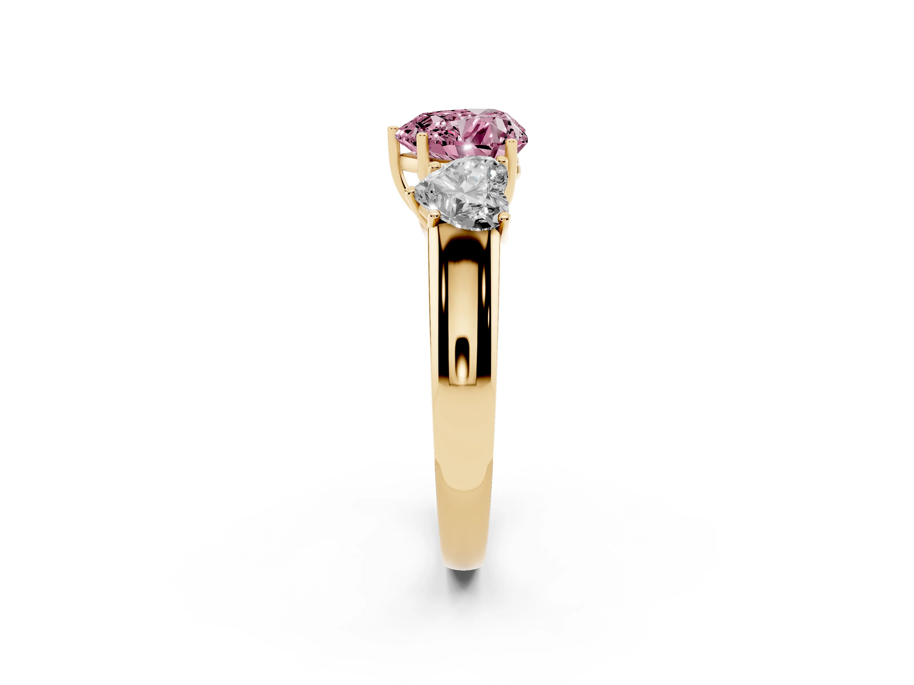 Fancy Pink Three-Stone Heart Cut Diamond Ring Set in Yellow gold with Matching Prong Settings and Plain Band