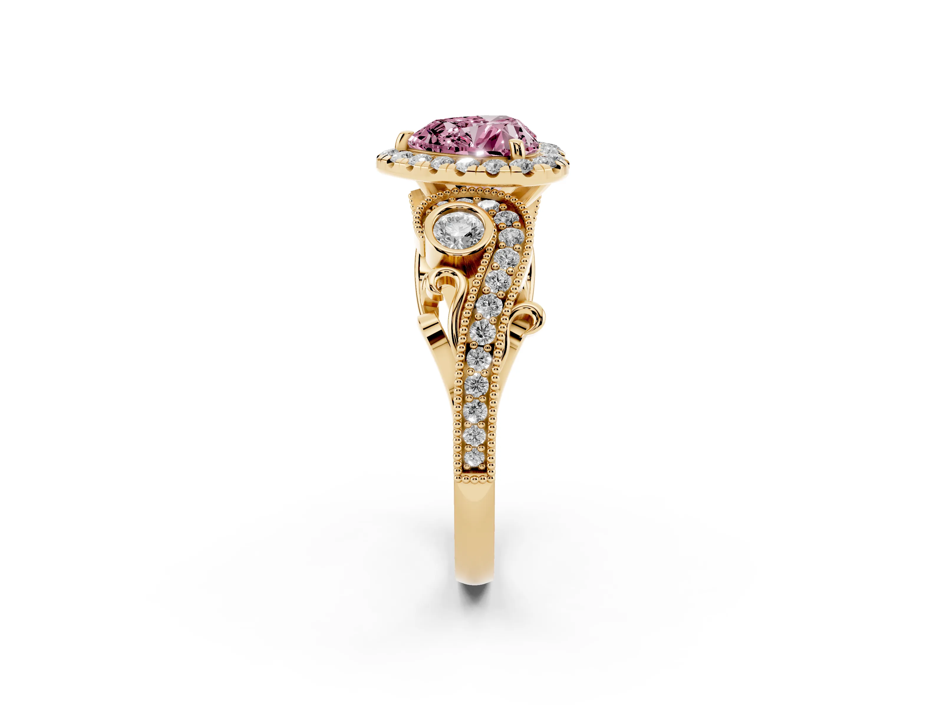 Fancy Pink Heart Cut Diamond Halo Ring Set in Yellow gold with Milgrain Pavé Band and Prong Setting