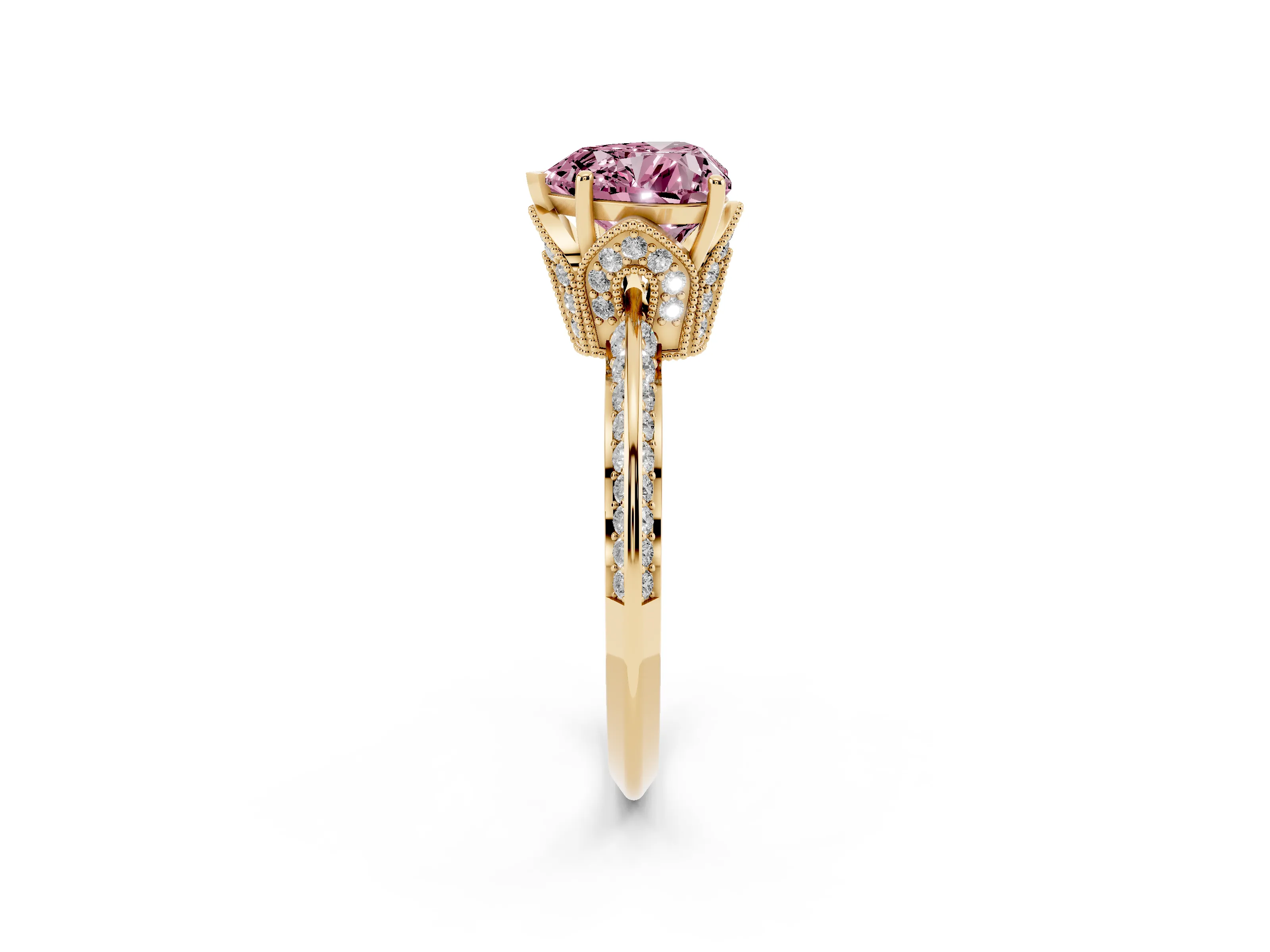 Fancy Pink Heart Cut Diamond Solitaire Engagement Ring Set in Yellow gold with Pavé Split Shank and Prong Setting