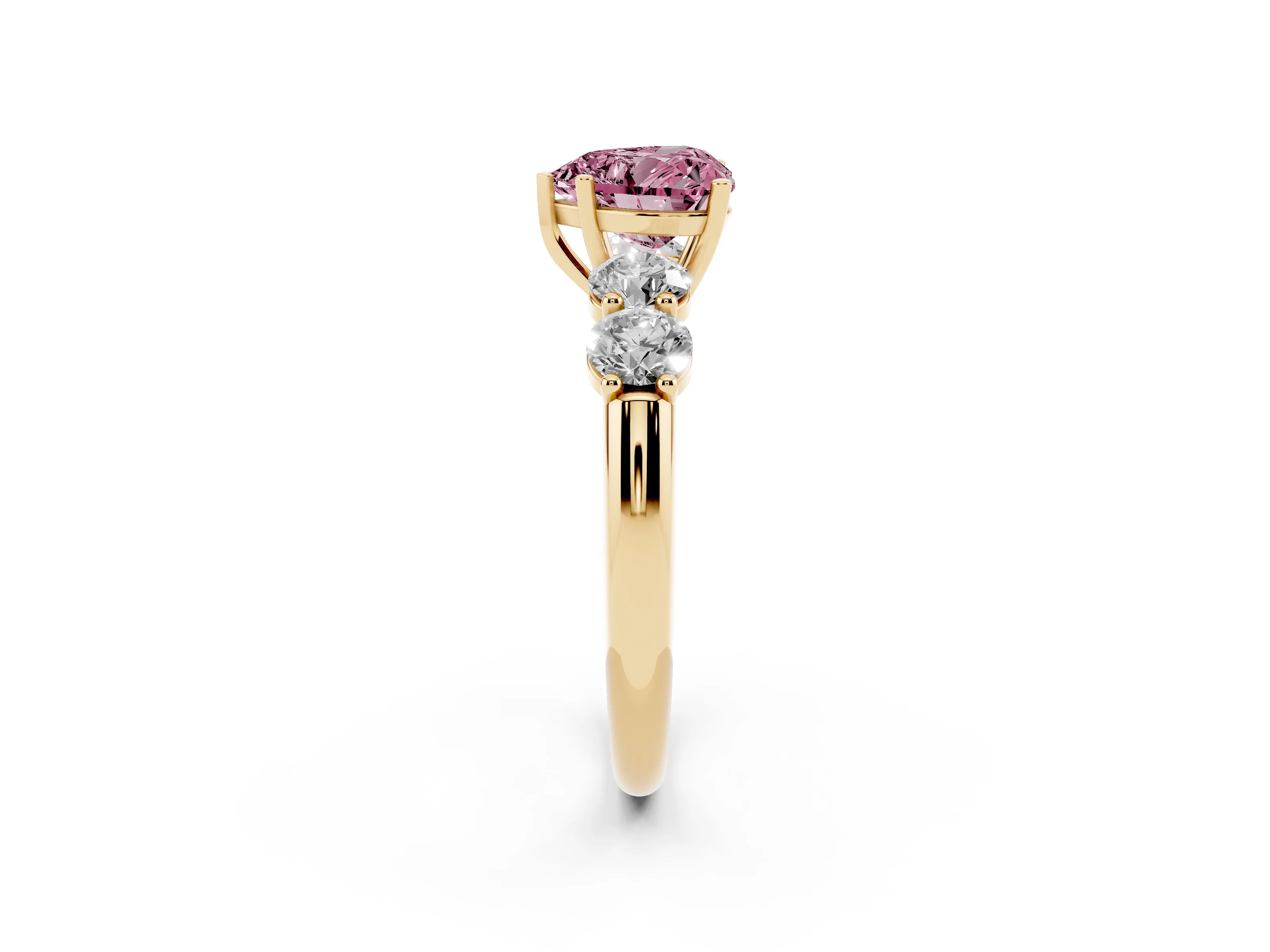 Fancy Pink Heart Cut Diamond Five-Stone Prong Set Ring Set in Yellow gold with Classic Band
