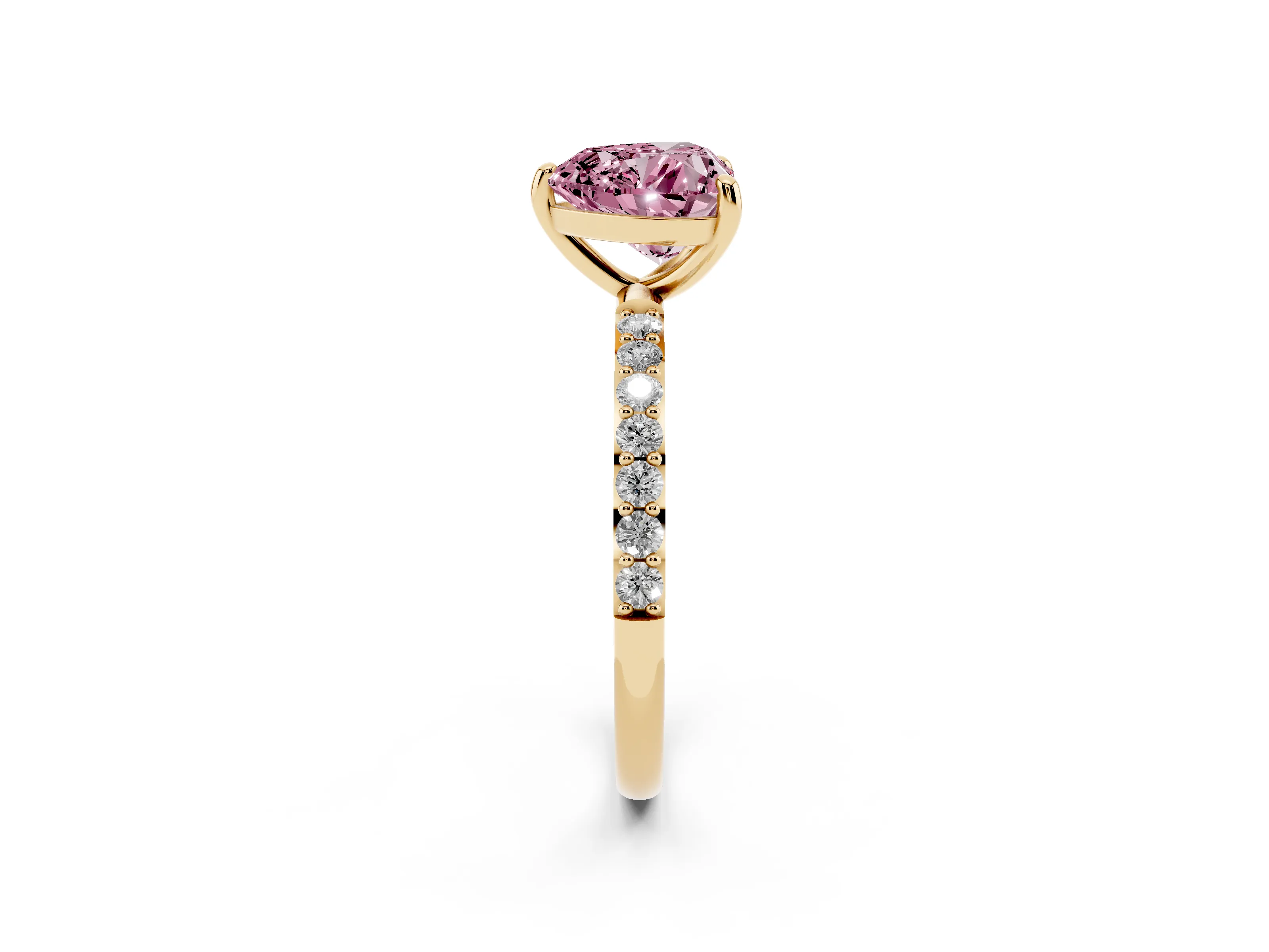 Fancy Pink Heart Cut Diamond Solitaire Ring Set in Yellow gold with Round Pavé Band and Prong Setting