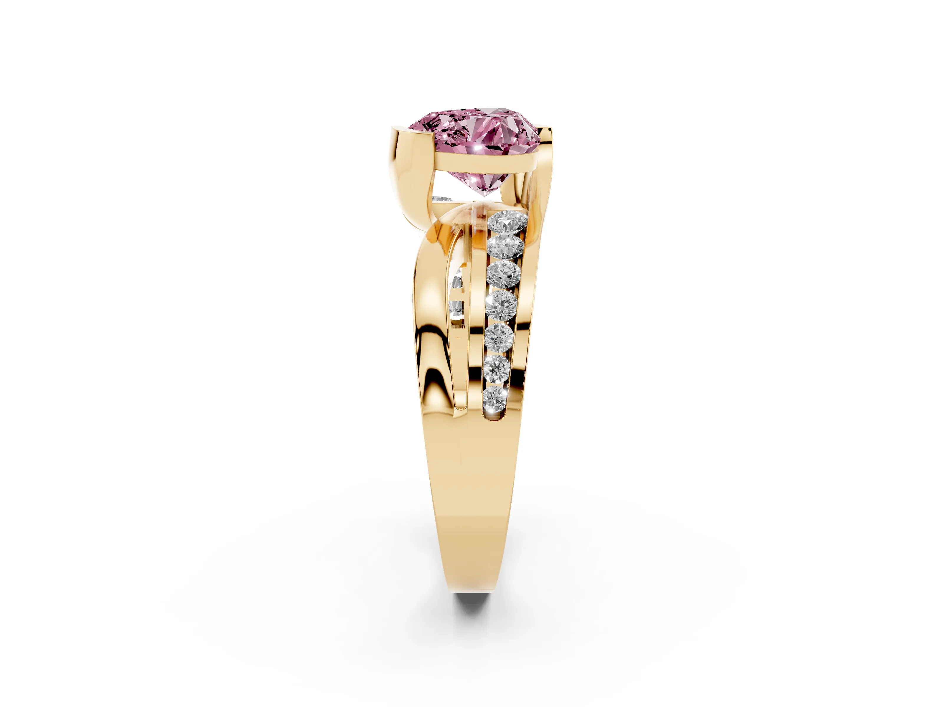Fancy Pink Heart Cut Diamond Solitaire Ring Set in Yellow gold with Channel Set Split Shank and Tension Prongs