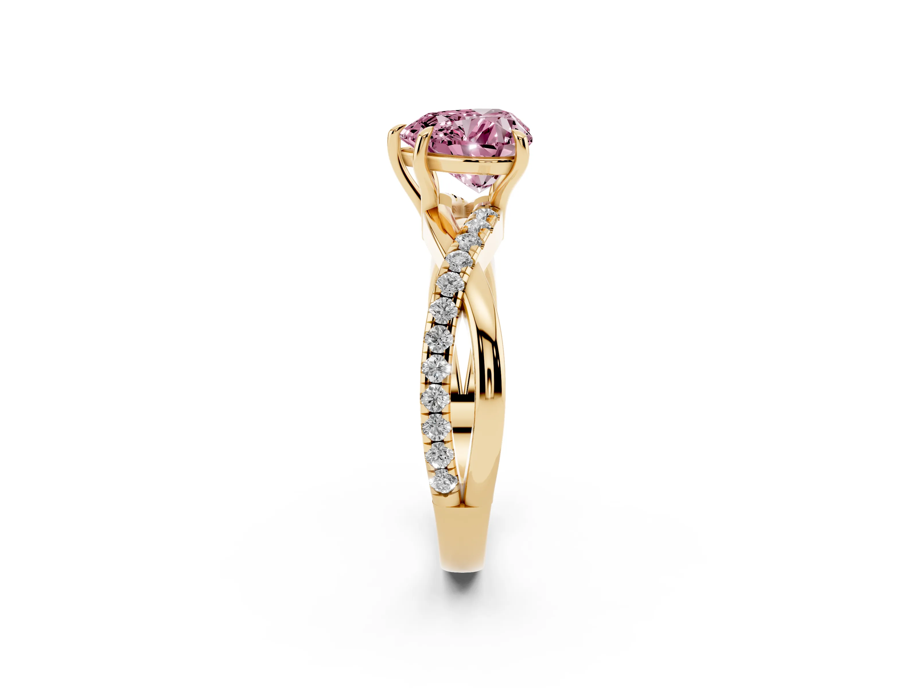 Fancy Pink Heart Cut Diamond Twisted Pavé Band Ring Set in Yellow gold with Prong Setting