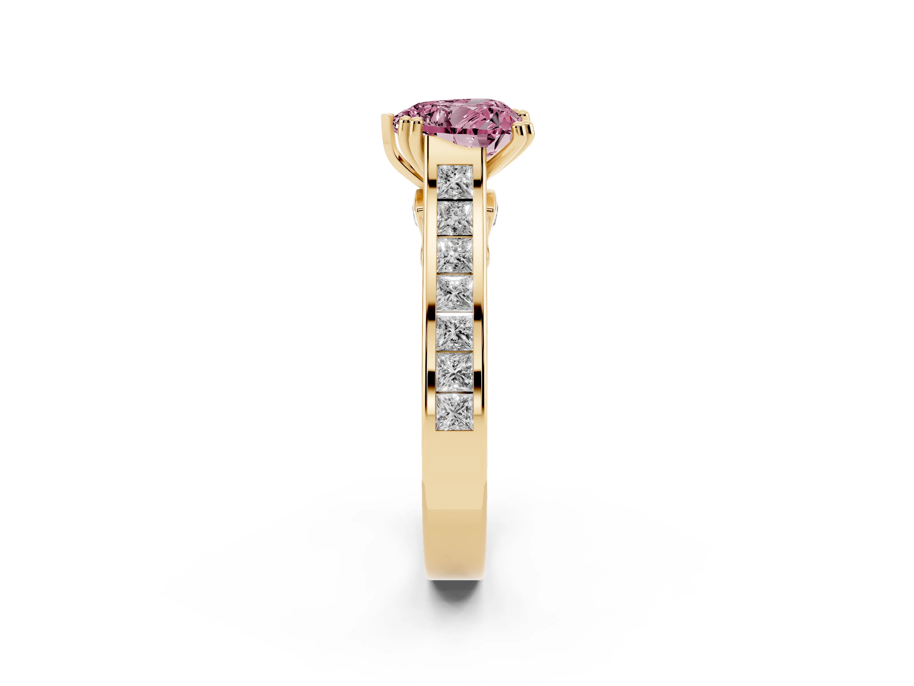 Fancy Pink Heart Cut Diamond Channel Set Solitaire Engagement Ring Set in Yellow gold with Prong Setting