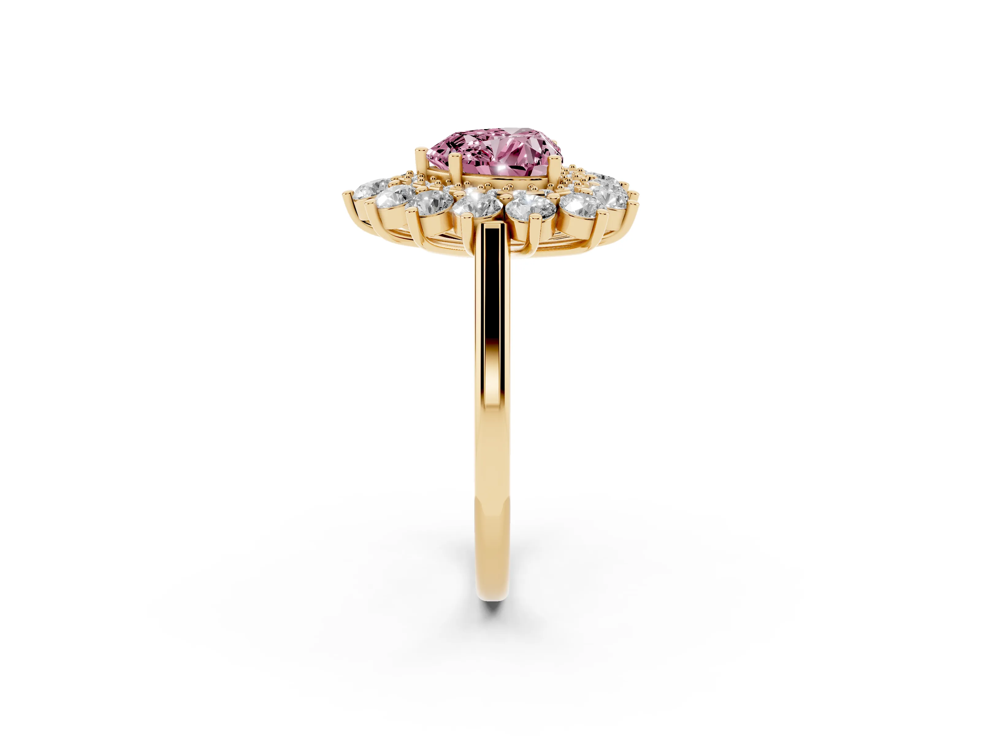Fancy Pink Heart Cut Diamond Floral Double Halo Ring Set in Yellow gold with Round Petals