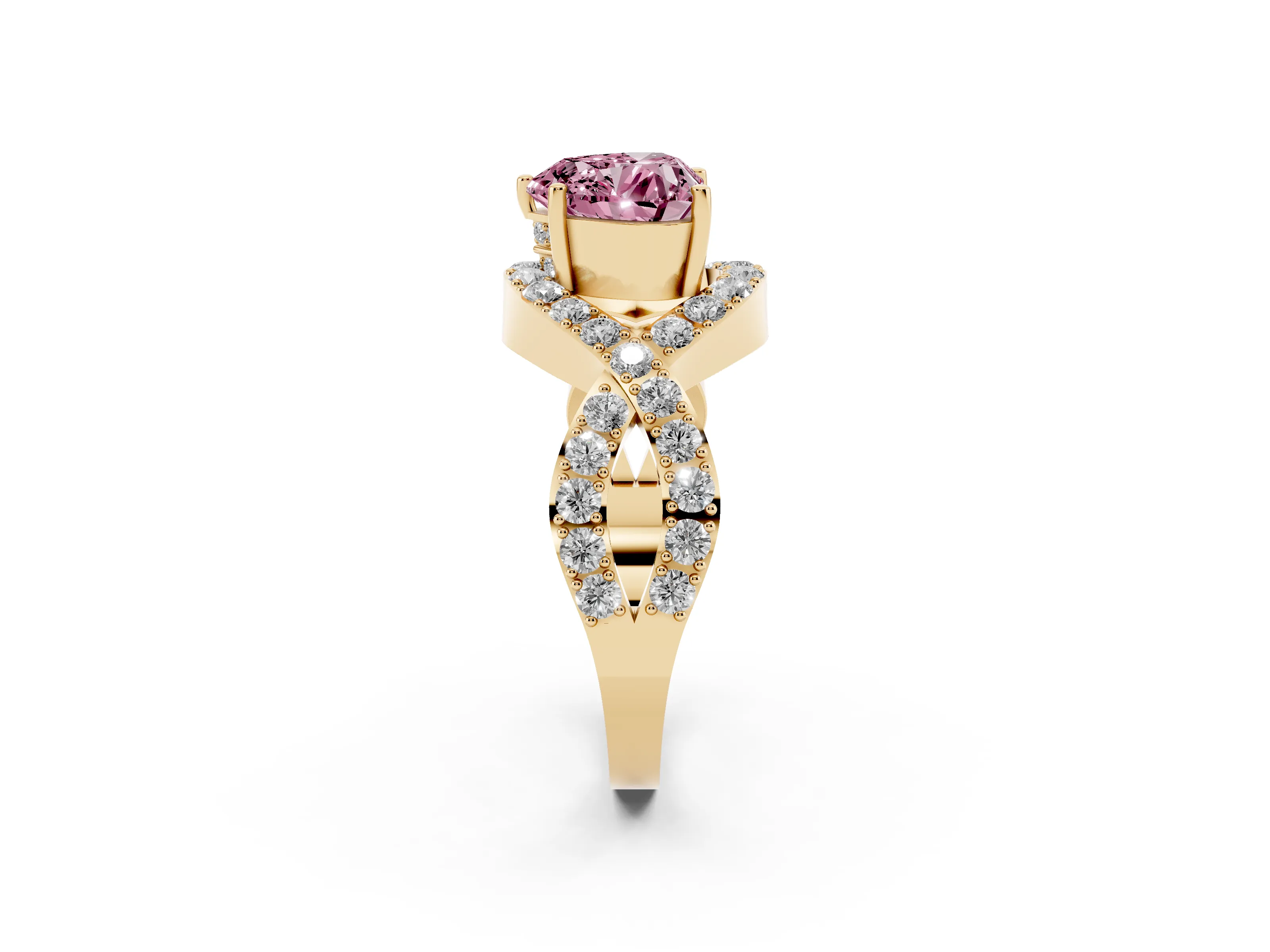 Fancy Pink Heart Cut Diamond Solitaire Twist Band Pavé Engagement Ring Set in Yellow gold