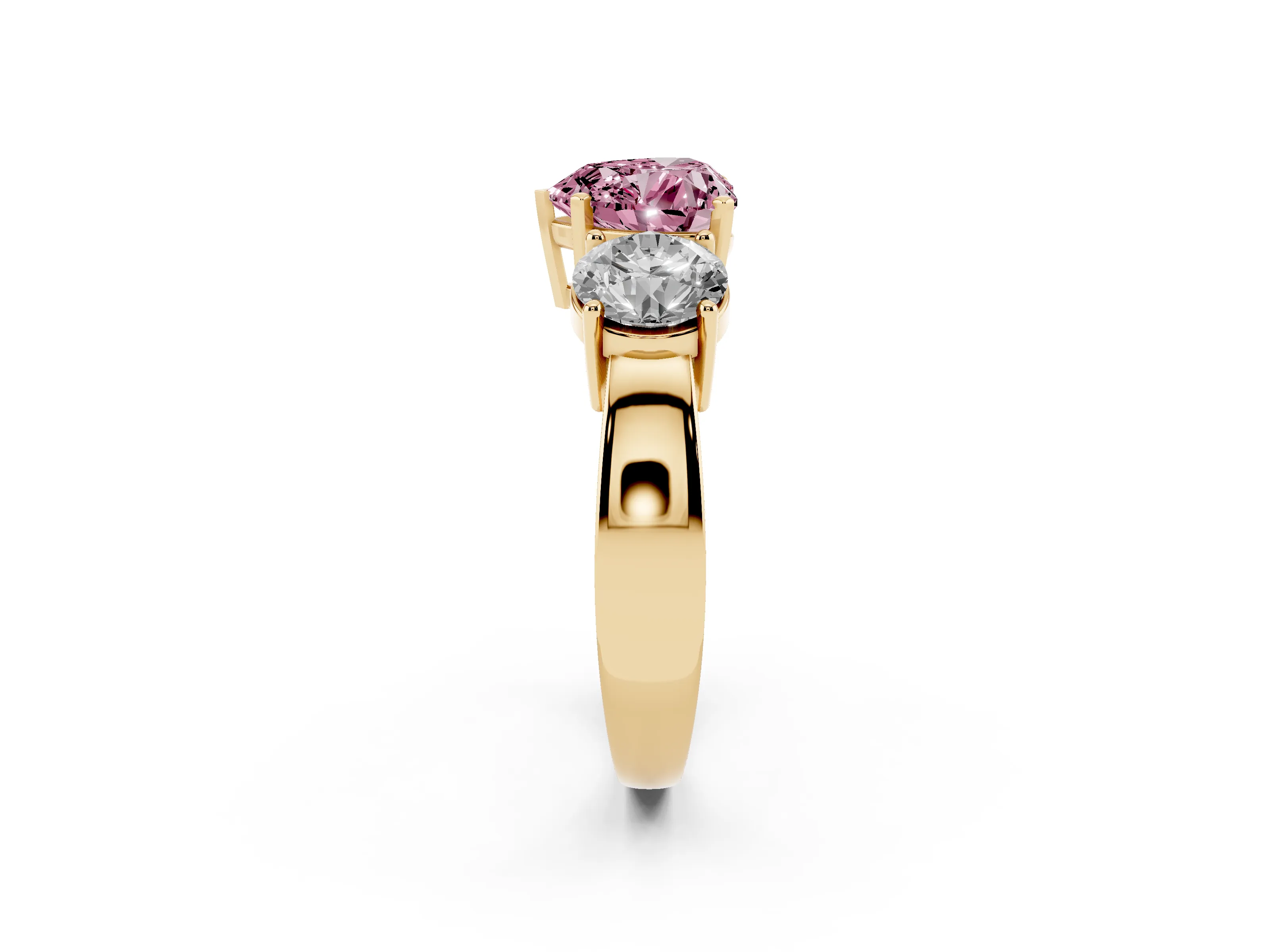 Fancy Pink Heart Cut Diamond Three-Stone Ring Set in Yellow gold with Round Side Stones and Classic Band