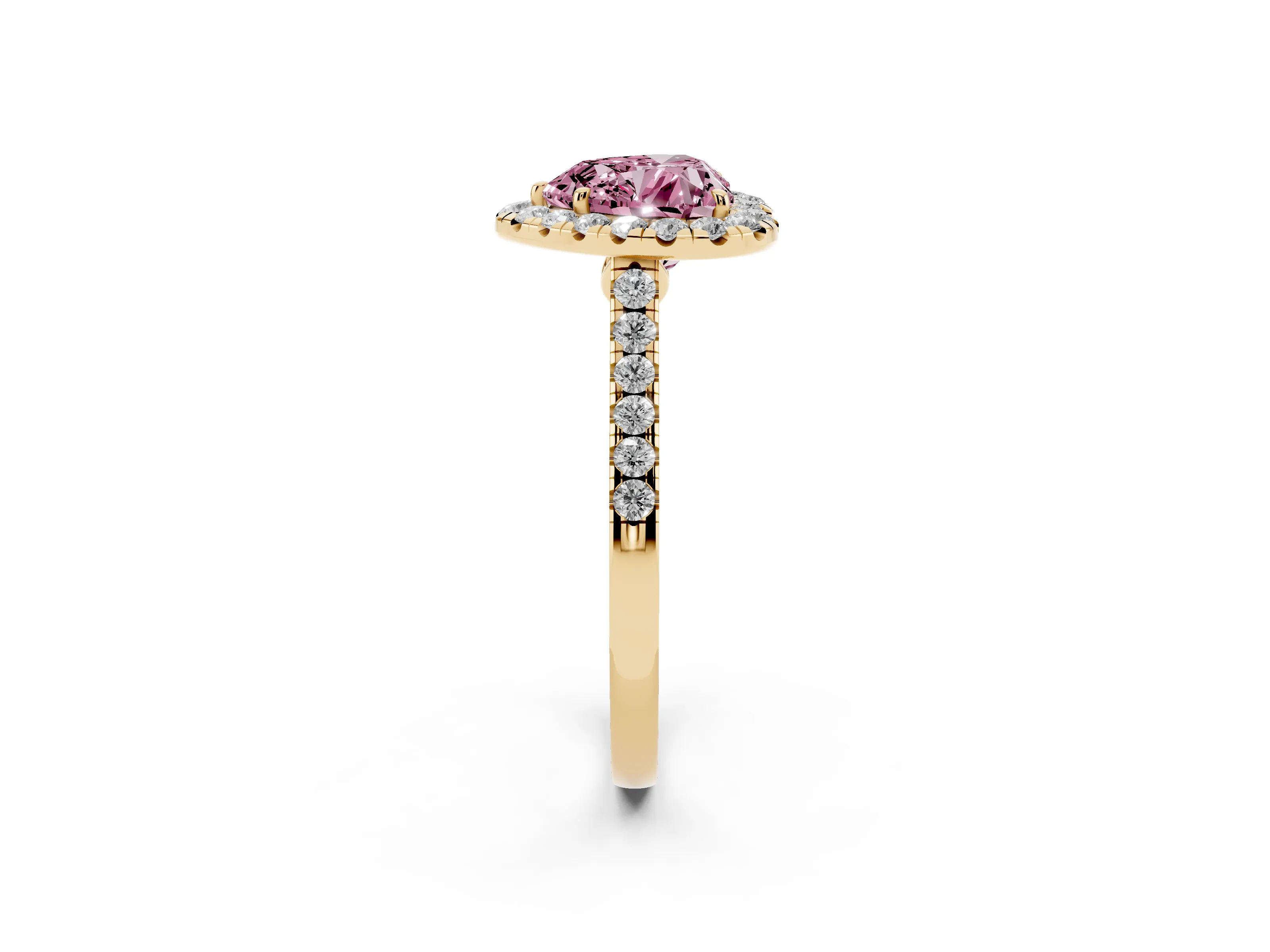 Fancy Pink Heart Cut Diamond Halo Pavé Engagement Ring Set in Yellow gold with Prong Setting