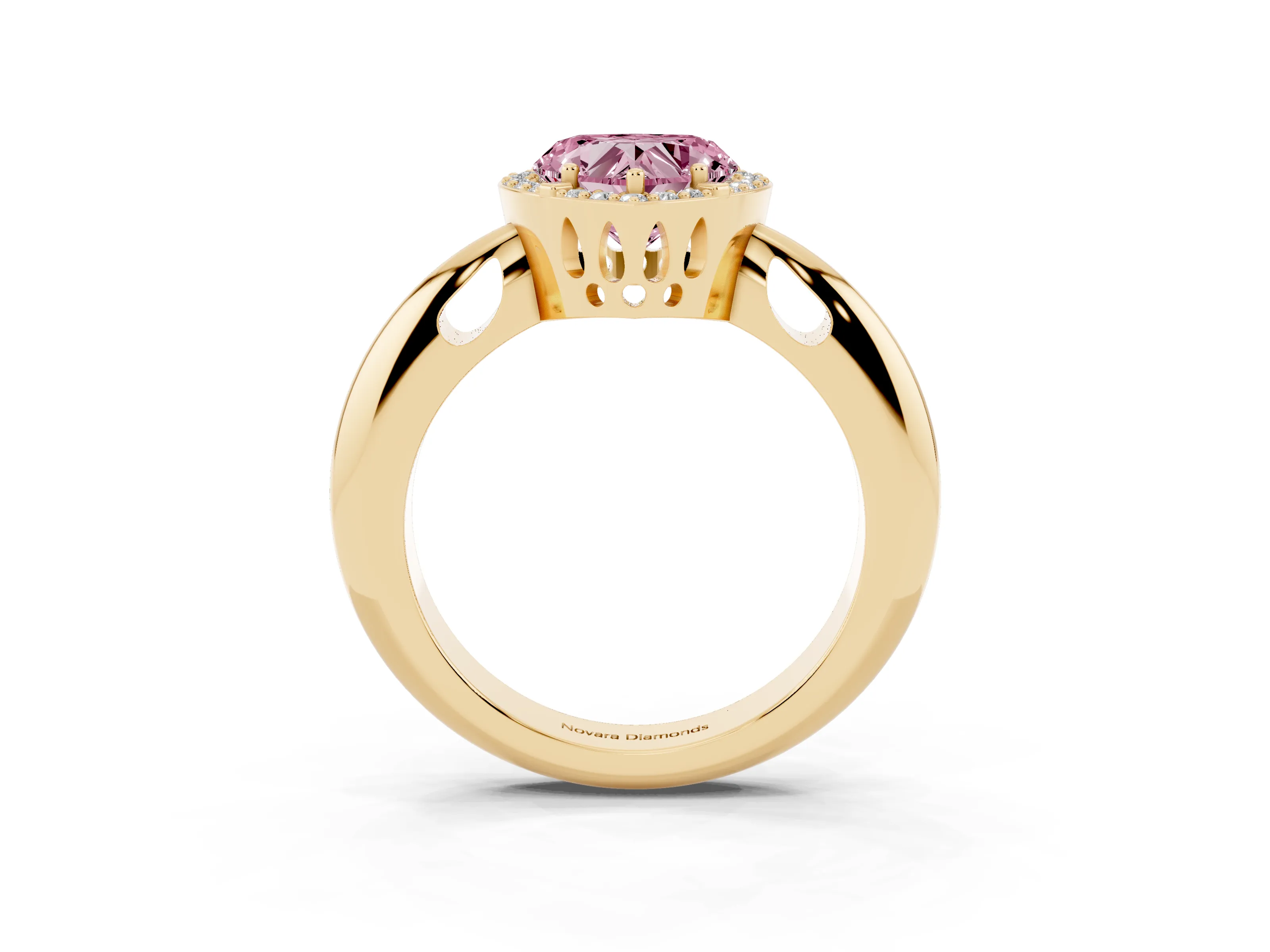 Fancy Pink Heart Cut Diamond Halo Engagement Ring Set in Yellow gold with Plain Split Shank and Prong Setting