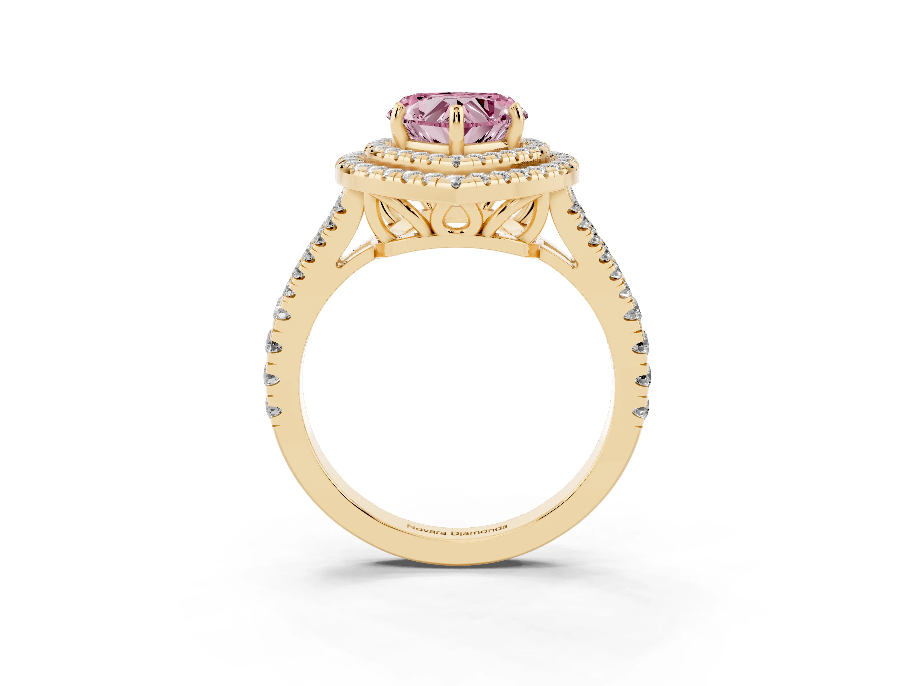 Fancy Pink Heart Cut Diamond Double Halo Ring Set in Yellow gold with Pavé Band