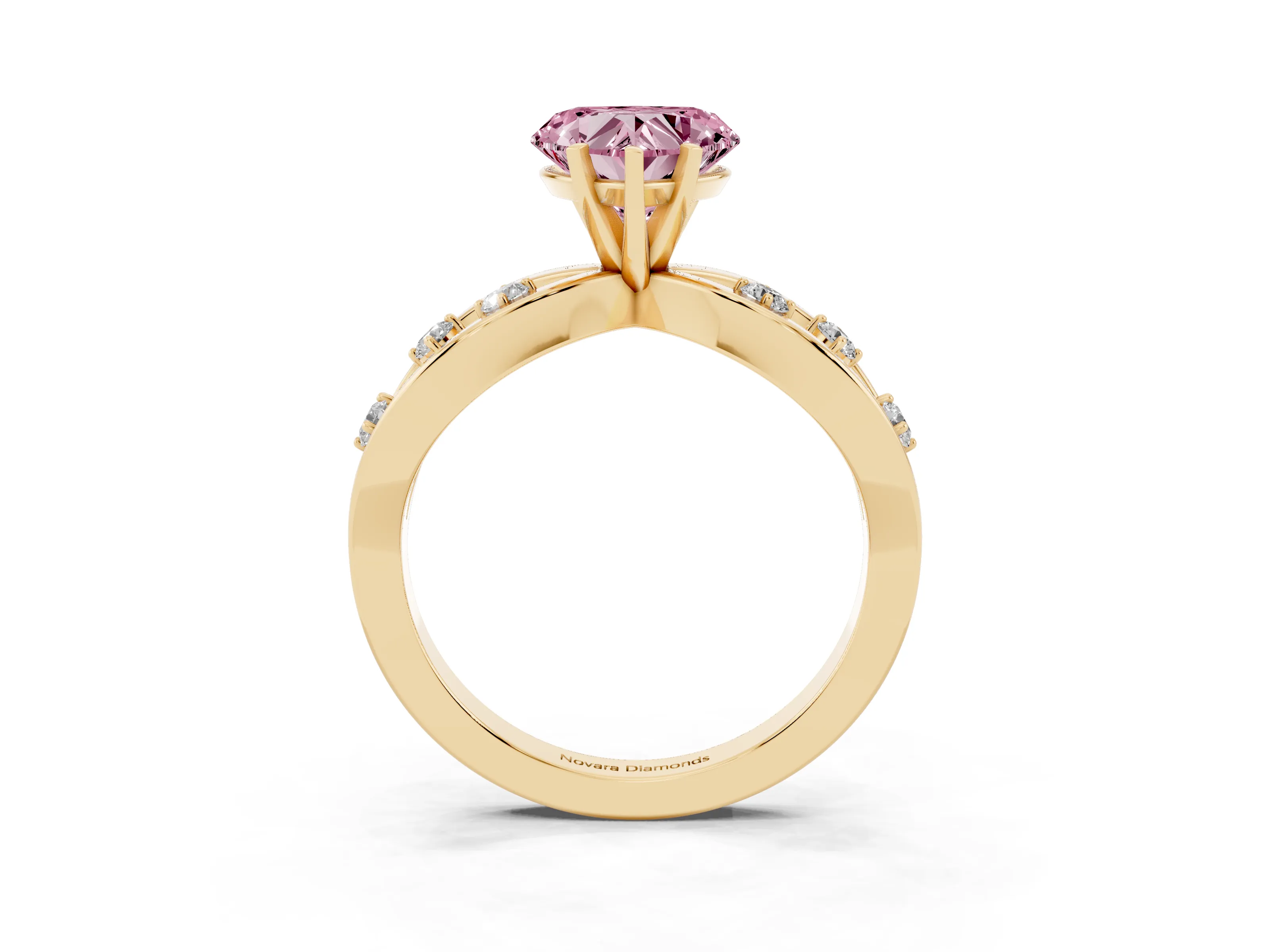 Fancy Pink Heart Cut Diamond Solitaire Ring Set in Yellow gold with Side Stones on Criss-Cross Band and Prong Setting