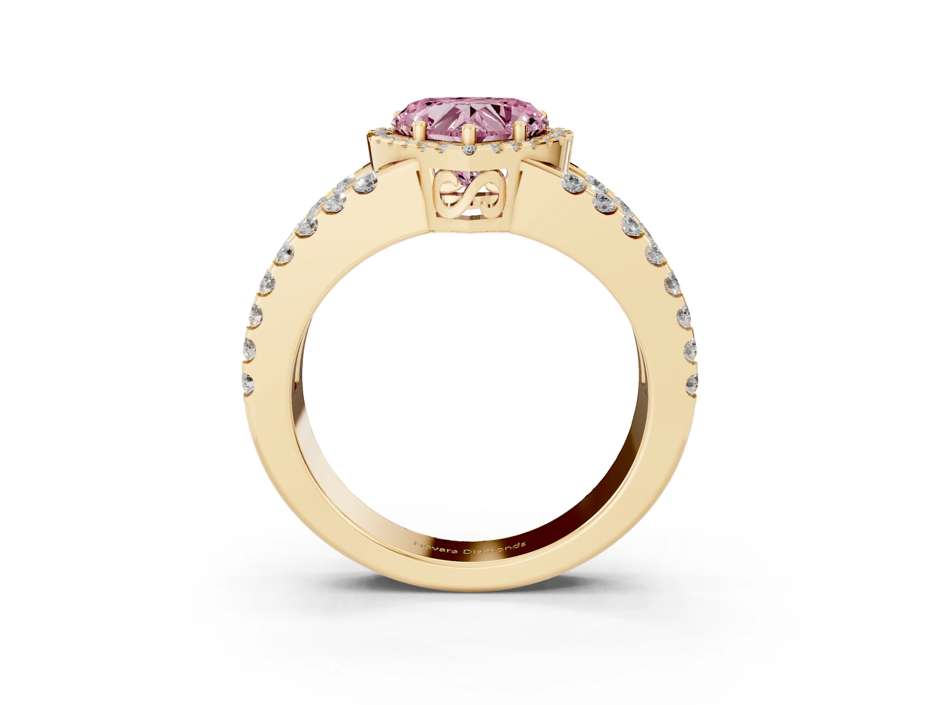 Fancy Pink Heart Cut Diamond Halo Ring Set in Yellow gold with Pavé Split Shank and Prong Setting
