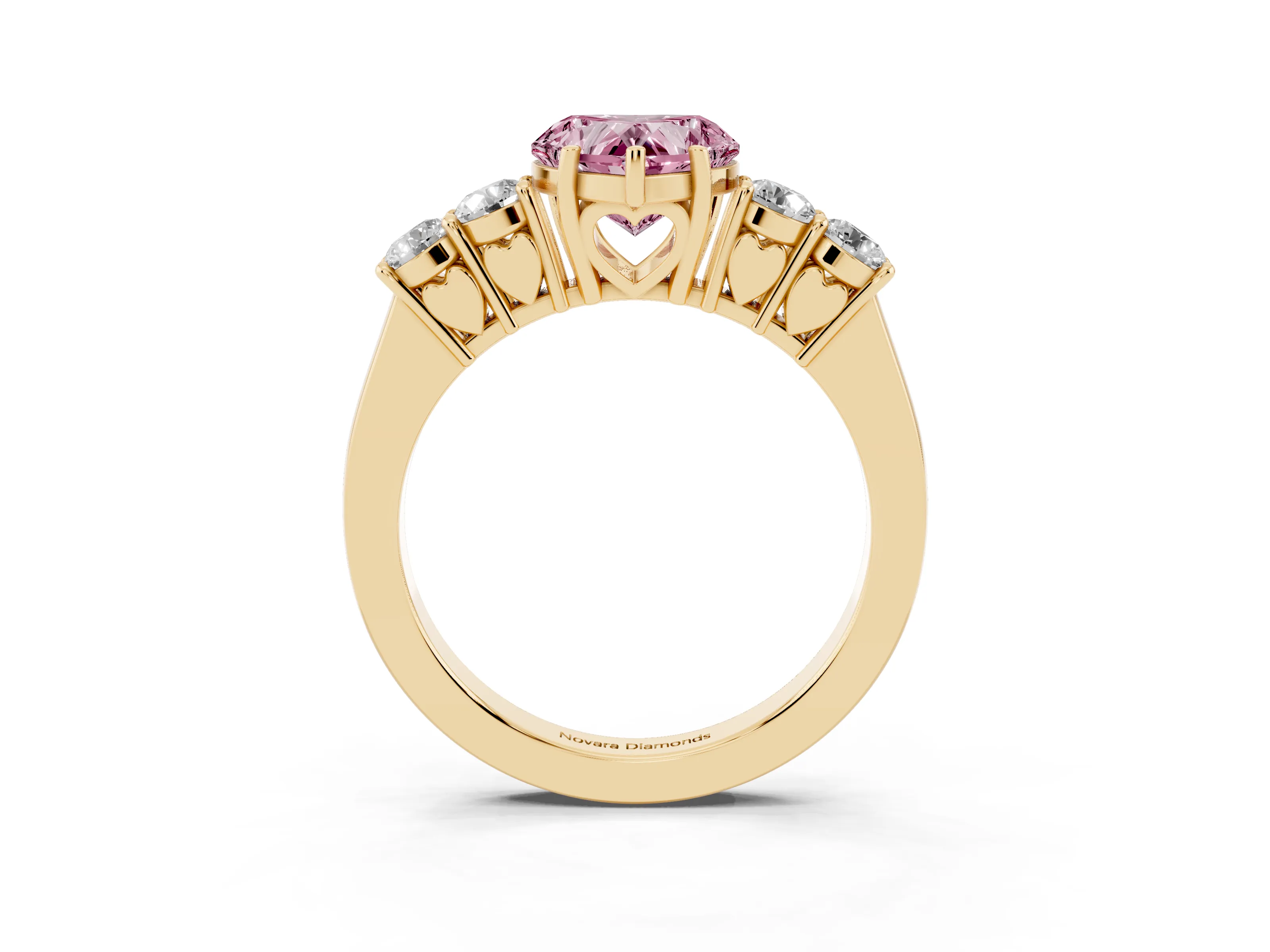 Fancy Pink Heart Cut Diamond Five-Stone Prong Set Band Ring Set in Yellow gold with Polished Band