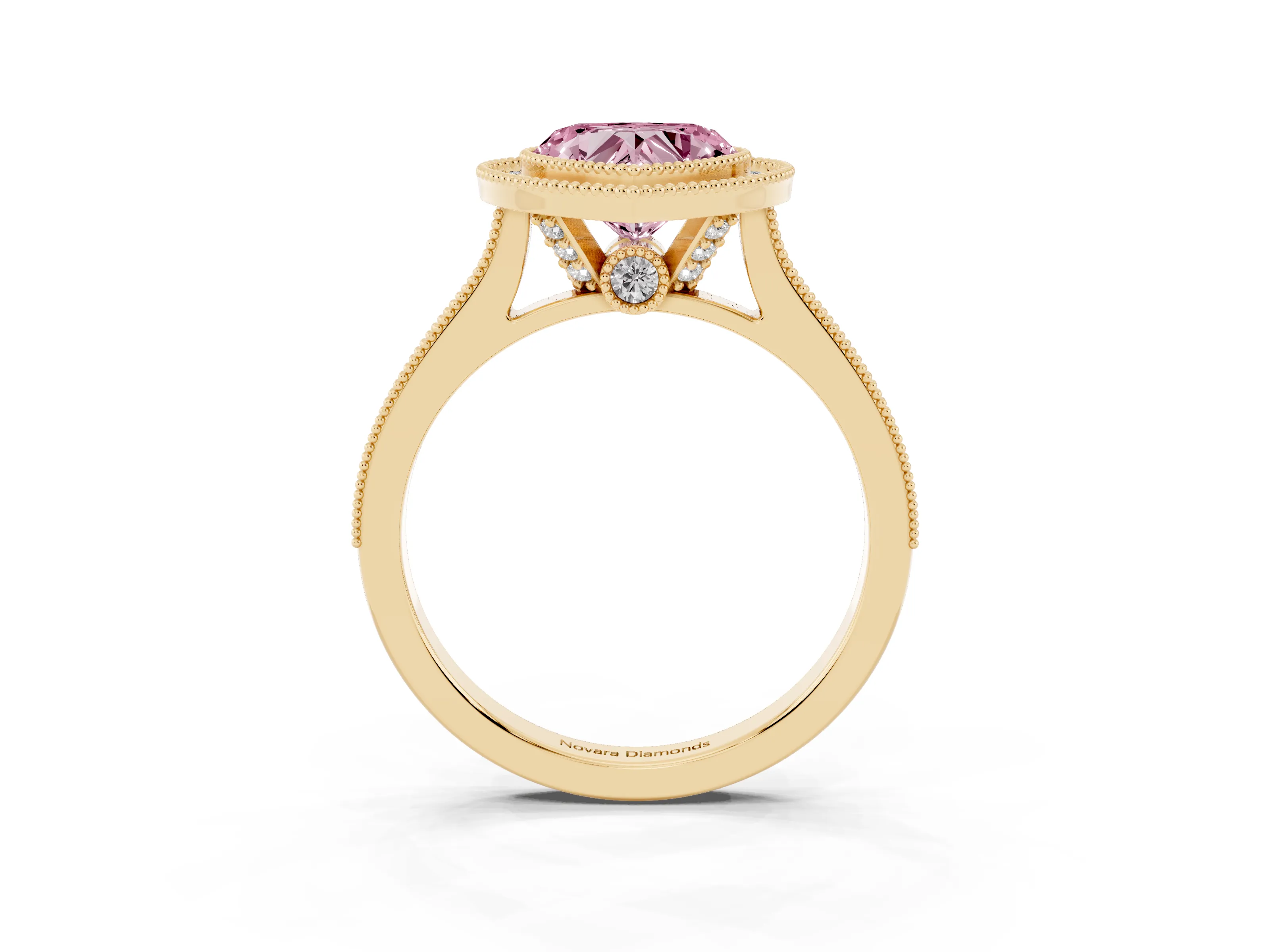 Fancy Pink Heart Cut Diamond Halo Milgrain Pavé Band Ring Set in Yellow gold with Prong Setting