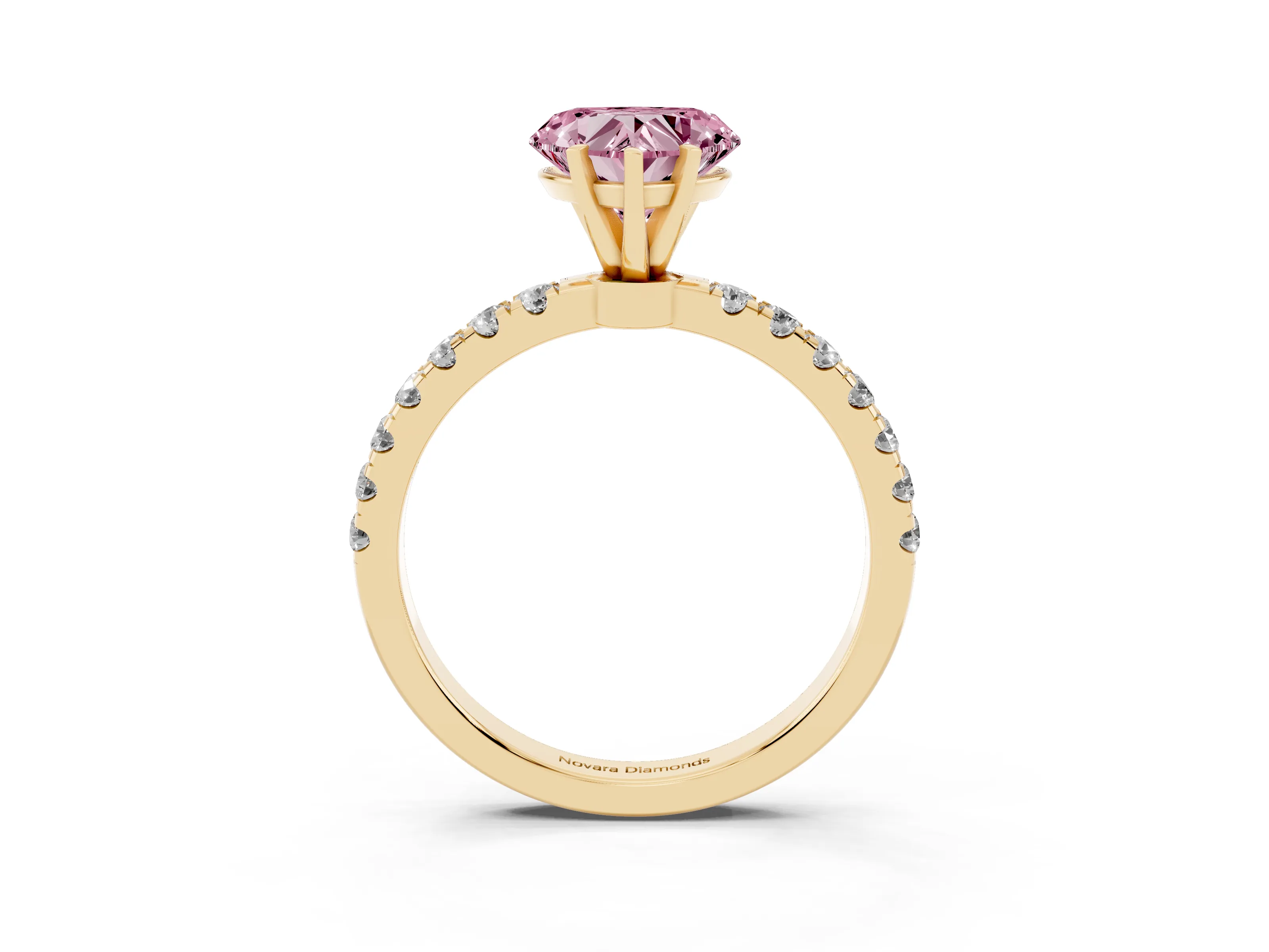 Fancy Pink Heart Cut Diamond Solitaire Ring Set in Yellow gold with Pavé Accents and Prong Setting