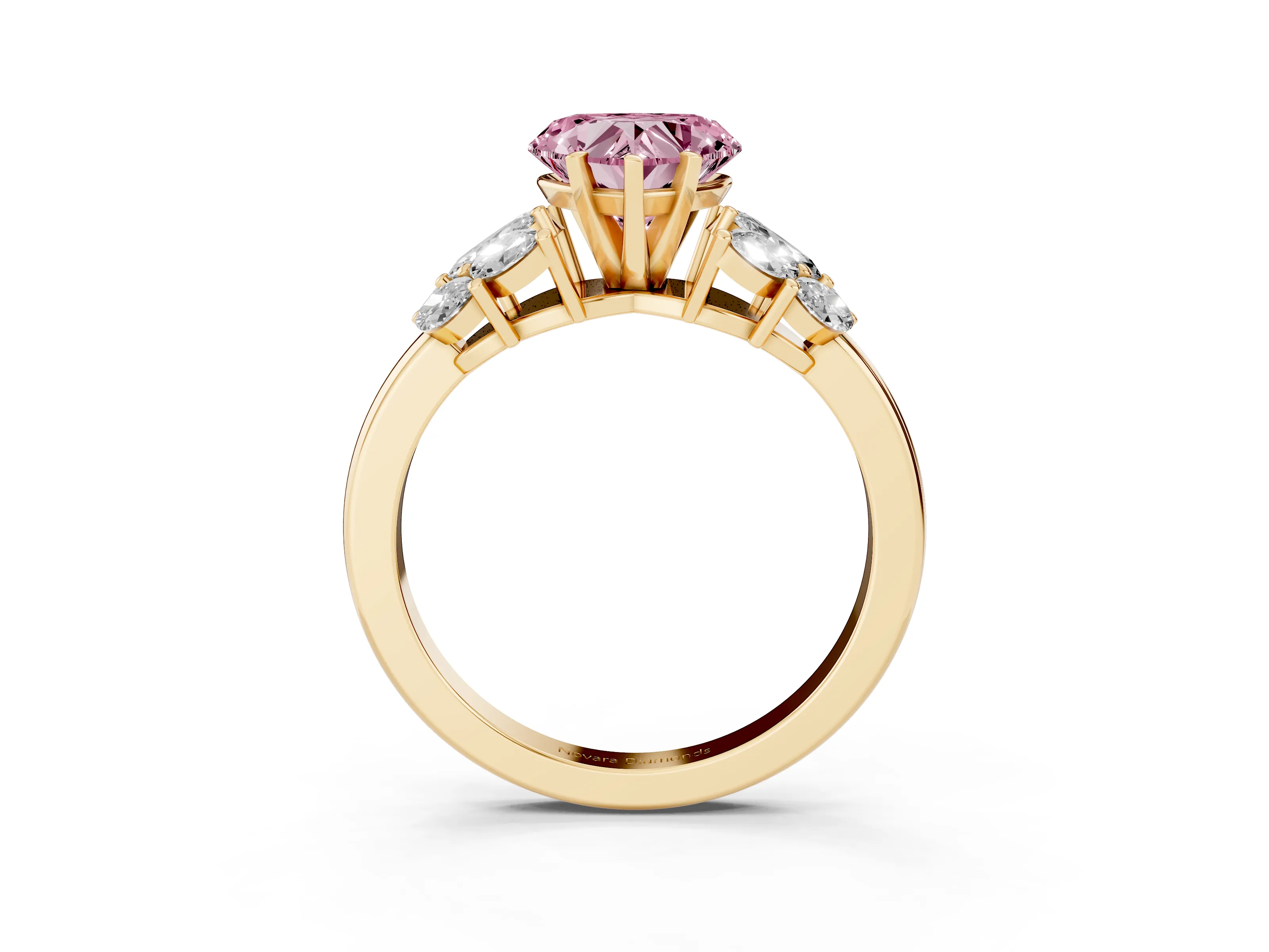 Fancy Pink Heart Cut Diamond Cluster Leaf Design Ring Set in Yellow gold with Prong Setting