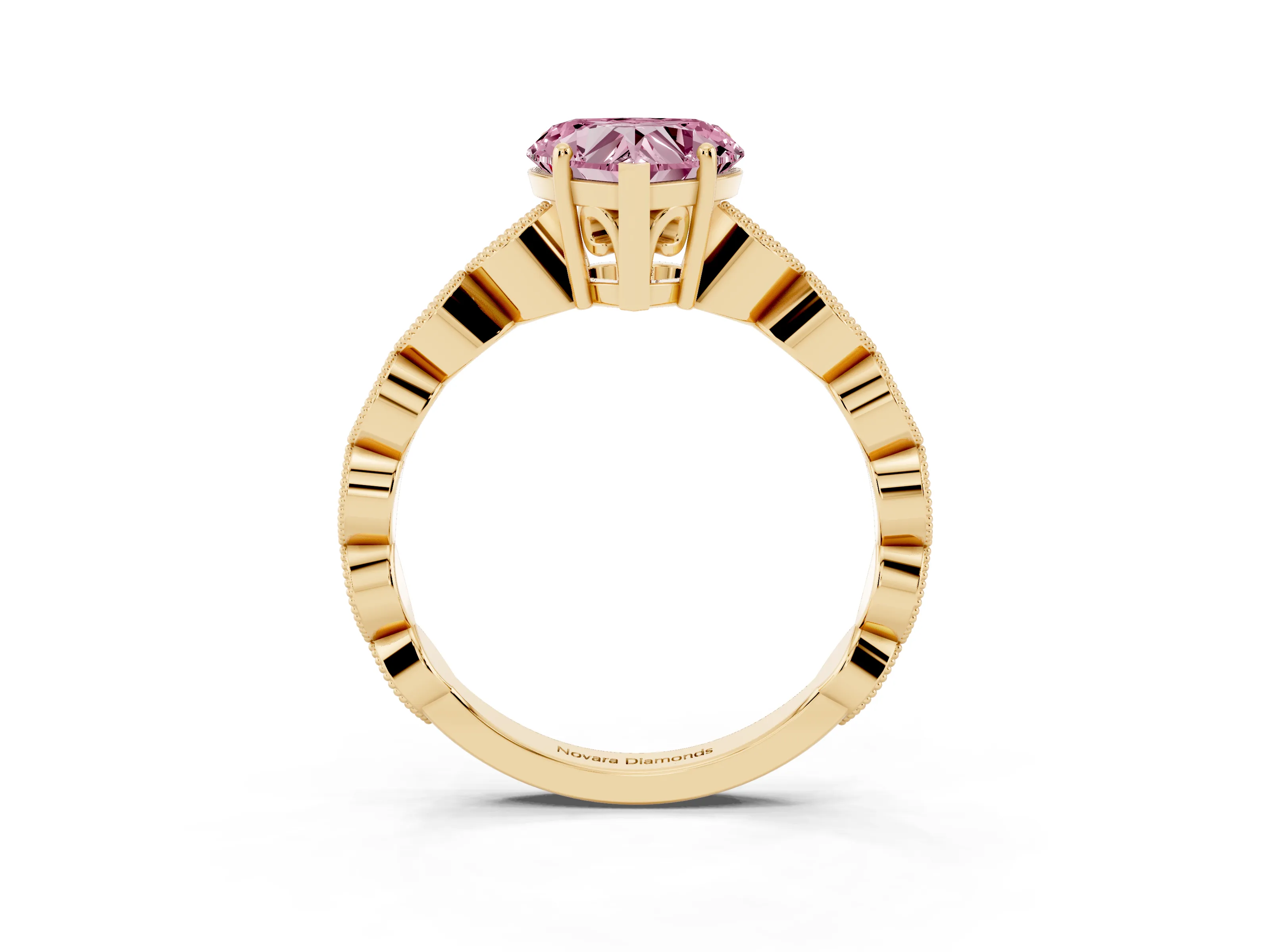 Fancy Pink Heart Cut Diamond Solitaire Ring Set in Yellow gold with Infinity Twist Pavé Band