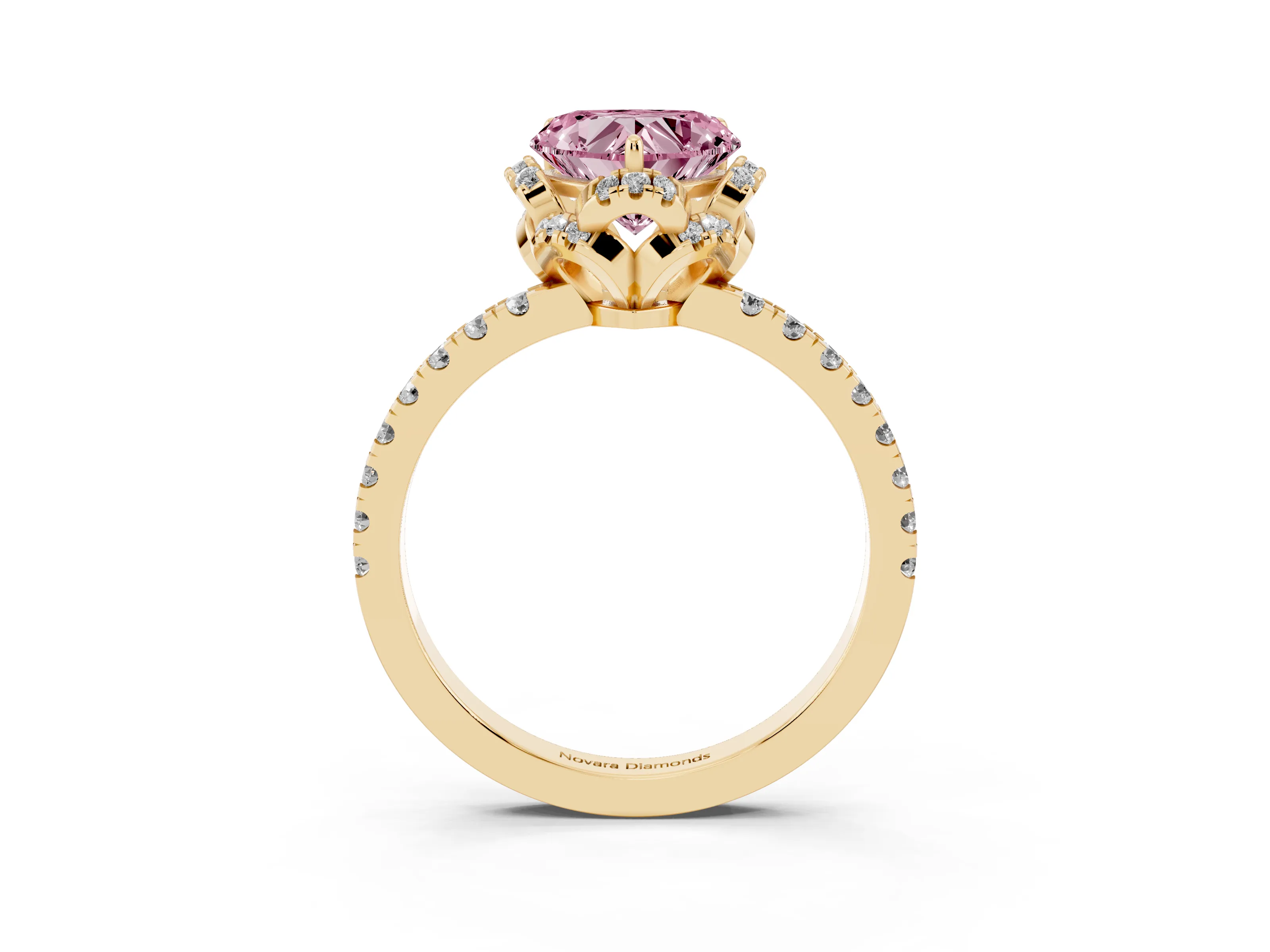 Fancy Pink Heart Cut Diamond Halo Pavé Band Ring Set in Yellow gold with Prong-Held Center