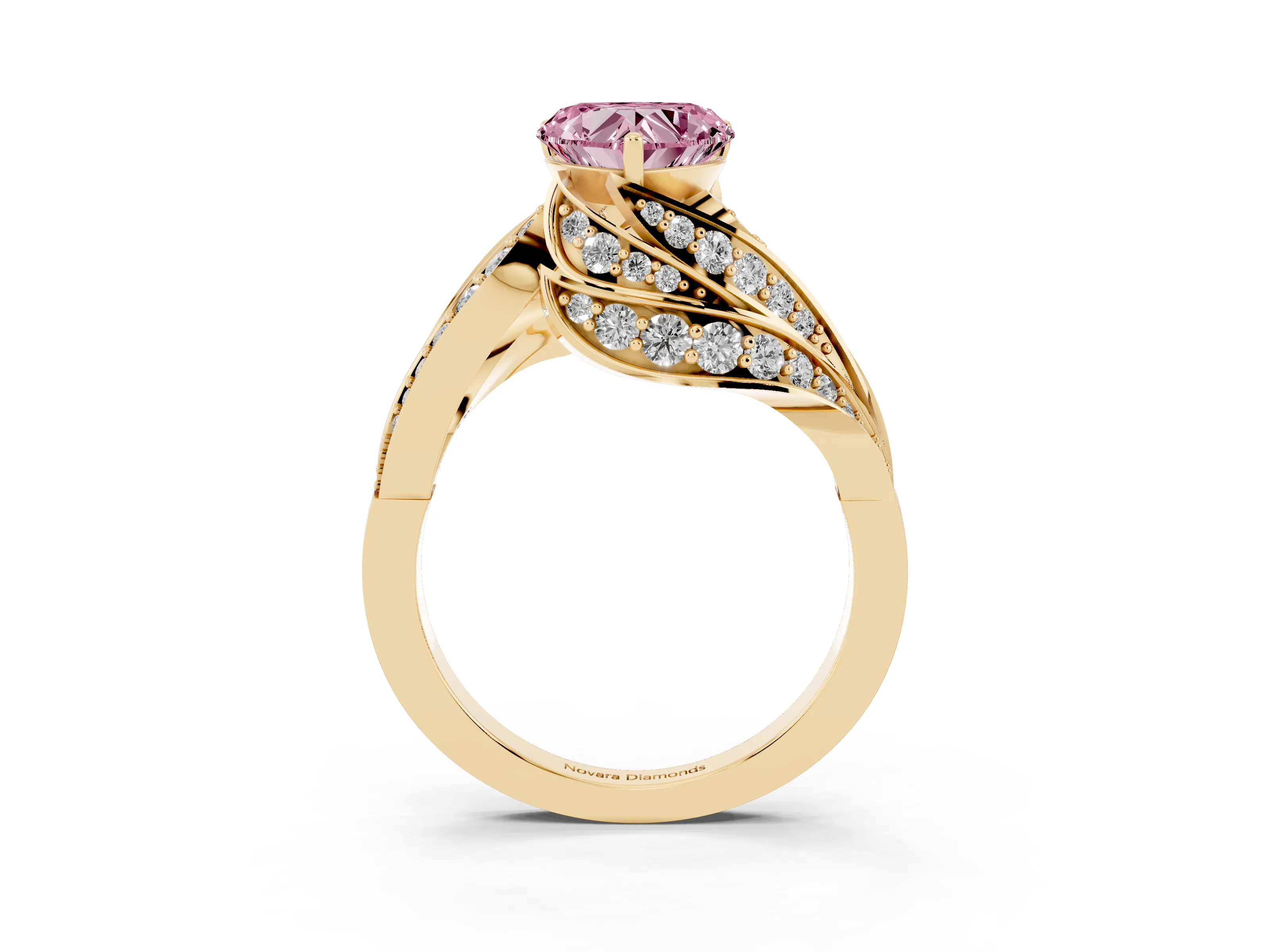 Fancy Pink Heart Cut Diamond Solitaire Ring Set in Yellow gold with Layered Twist Pavé Band