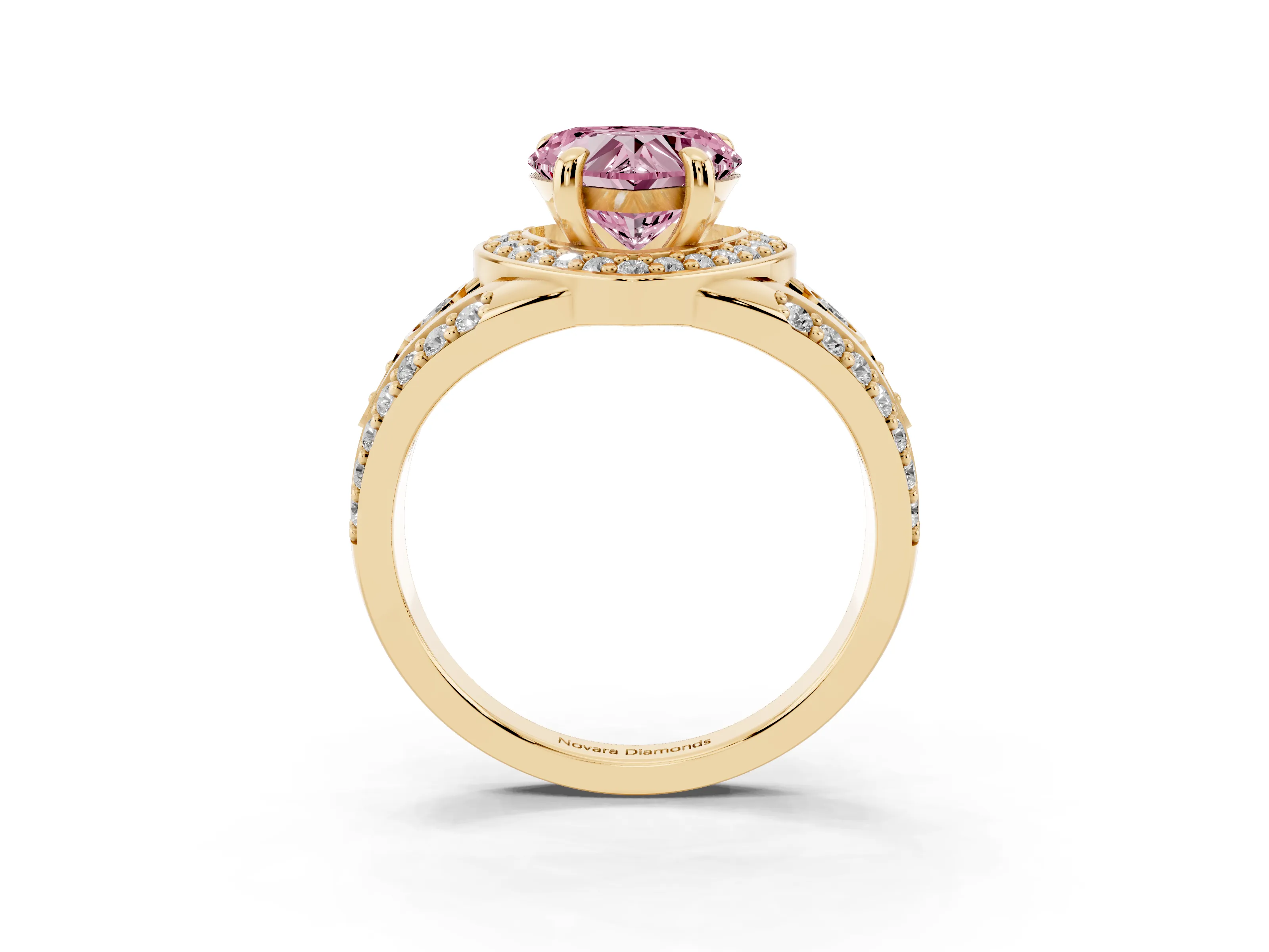Fancy Pink Heart Cut Diamond Halo Ring Set in Yellow gold with Pavé Split Shank and Bezel Accents