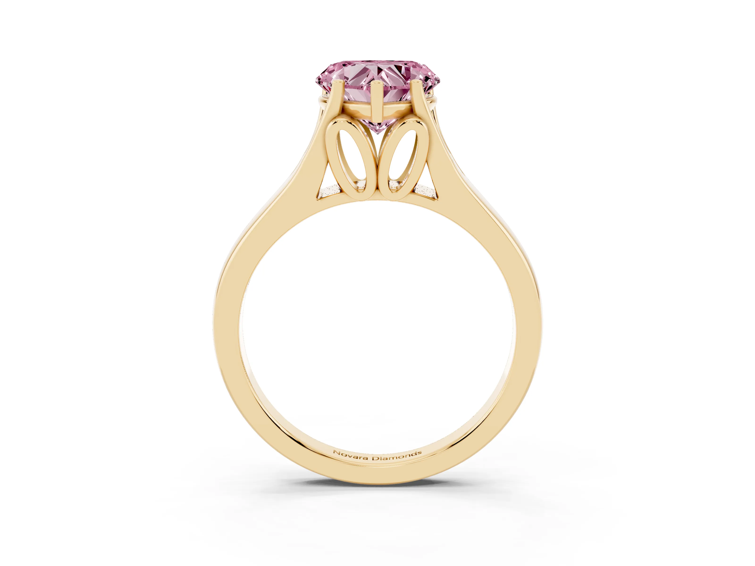 Fancy Pink Heart Cut Diamond Solitaire Ring Set in Yellow gold with Arched Cathedral Band and Prong Setting