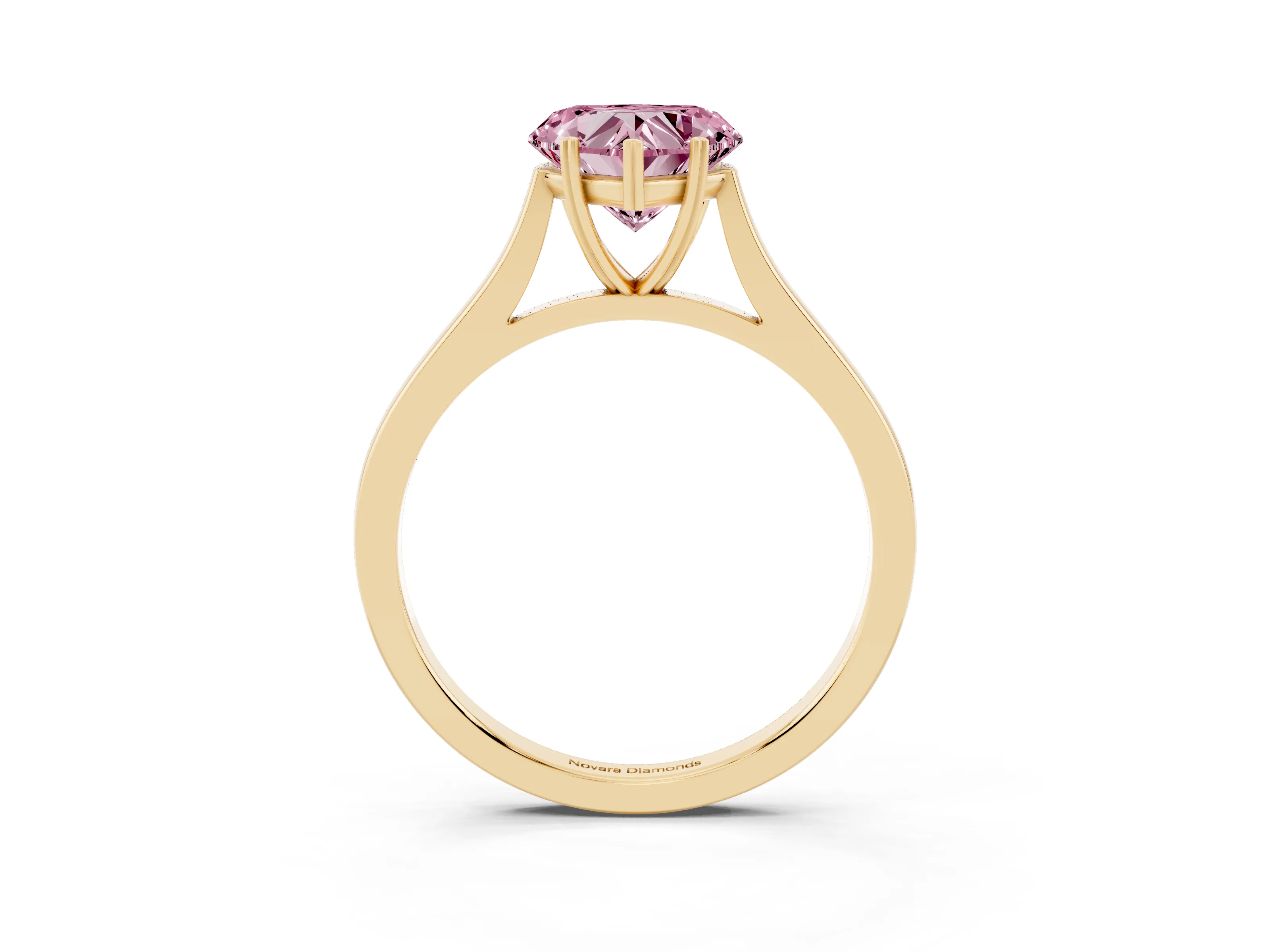 Fancy Pink Heart Cut Diamond Solitaire Heart Prong Engagement Ring Set in Yellow gold with Tapered Band