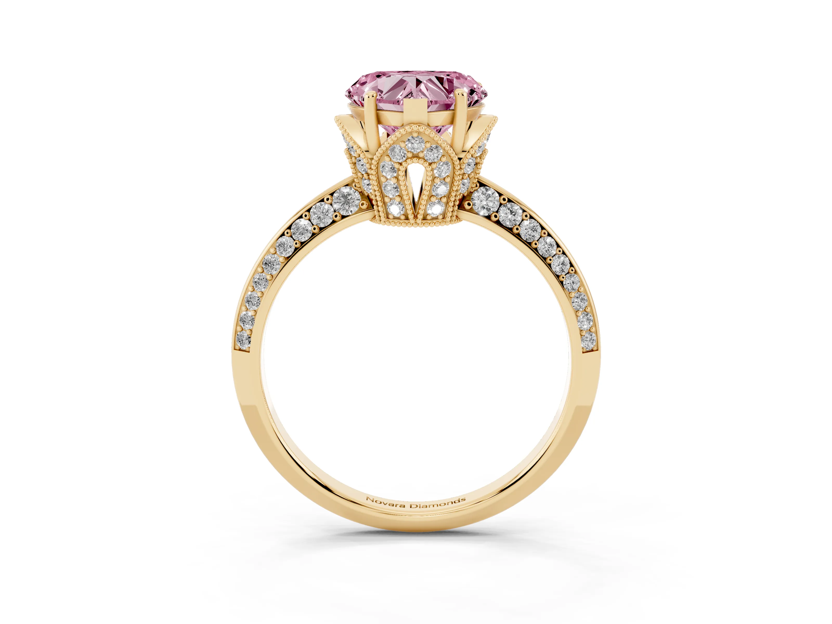 Fancy Pink Heart Cut Diamond Solitaire Engagement Ring Set in Yellow gold with Pavé Split Shank and Prong Setting