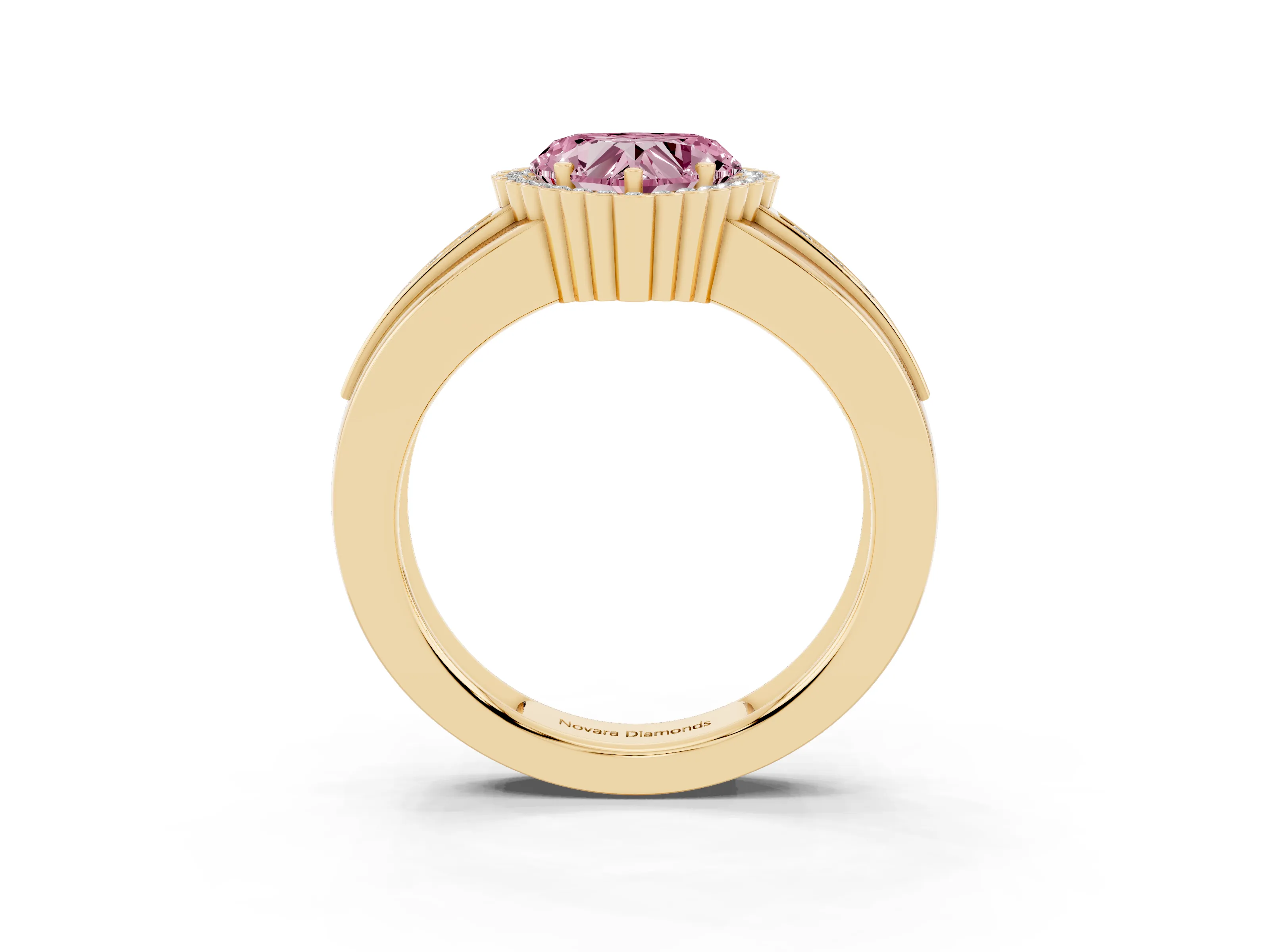 Fancy Pink Heart Cut Diamond Halo Prong Ring Set in Yellow gold with Pavé Band