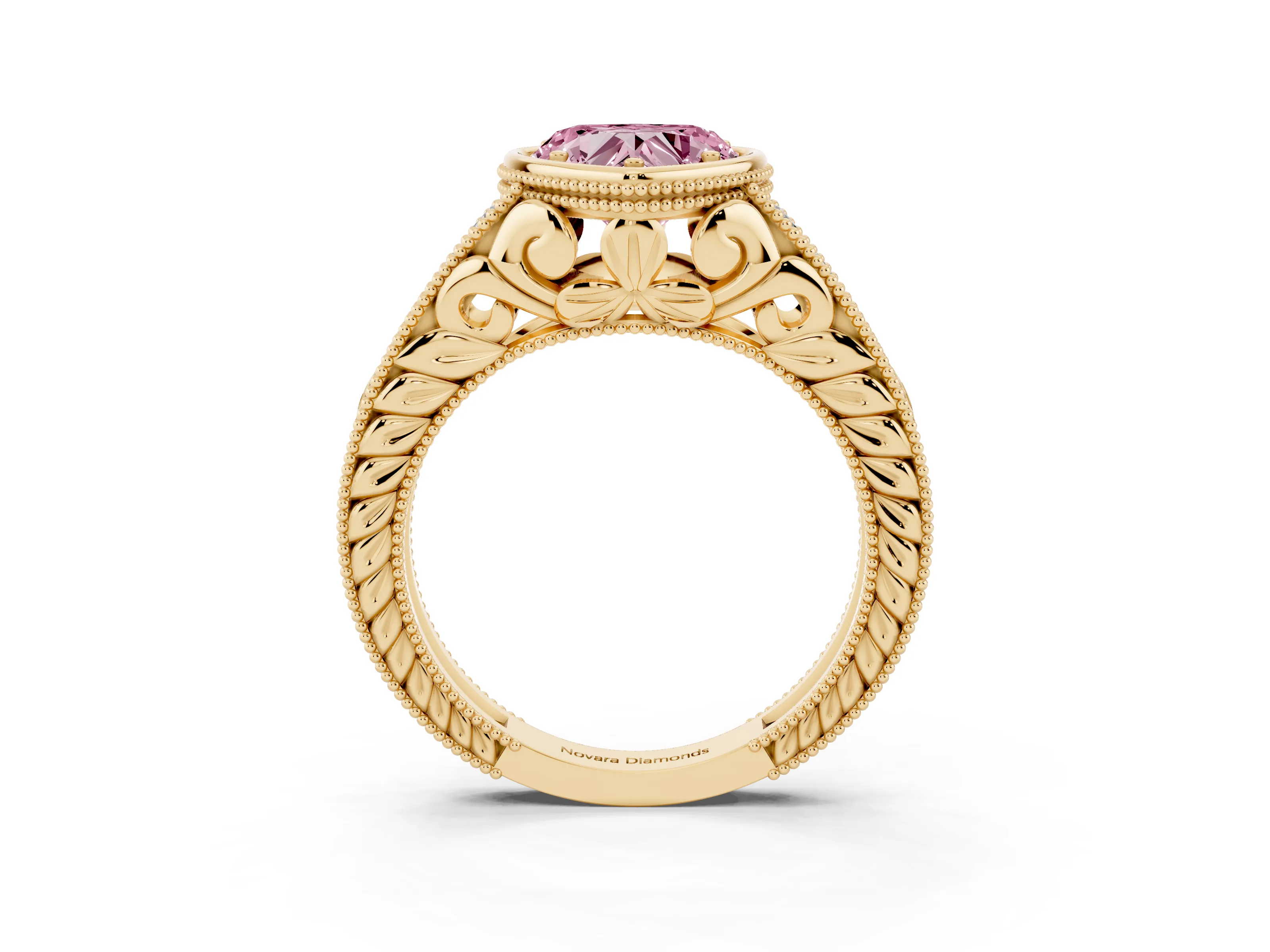 Fancy Pink Bezel Set Heart Cut Diamond Milgrain Pavé Engagement Ring Set in Yellow gold