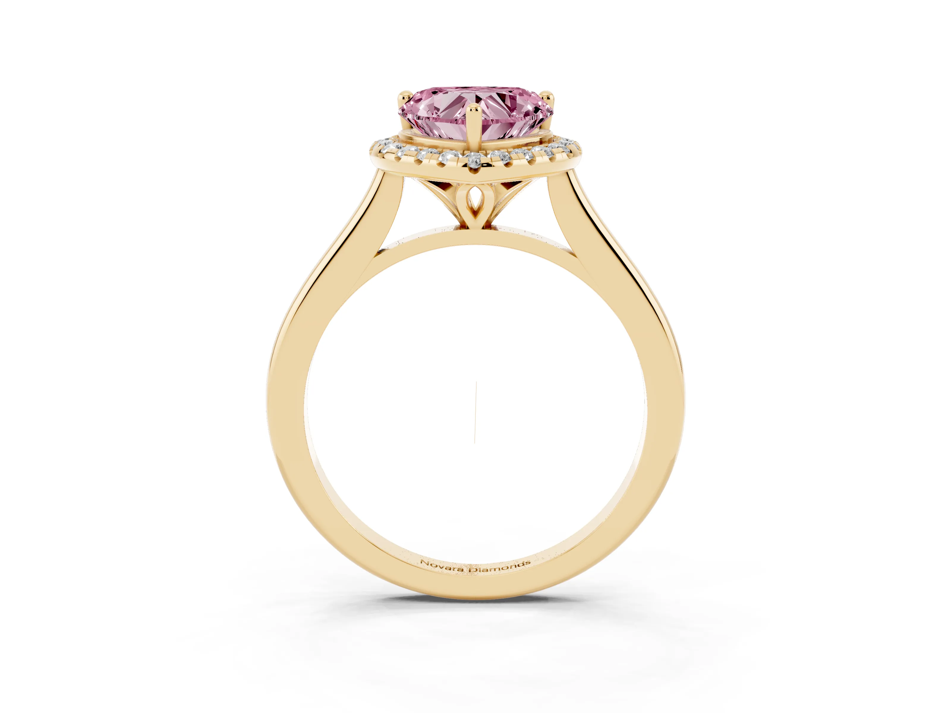 Fancy Pink Heart Cut Diamond Halo Engagement Ring Set in Yellow gold with Pavé Band and Rising Shoulders