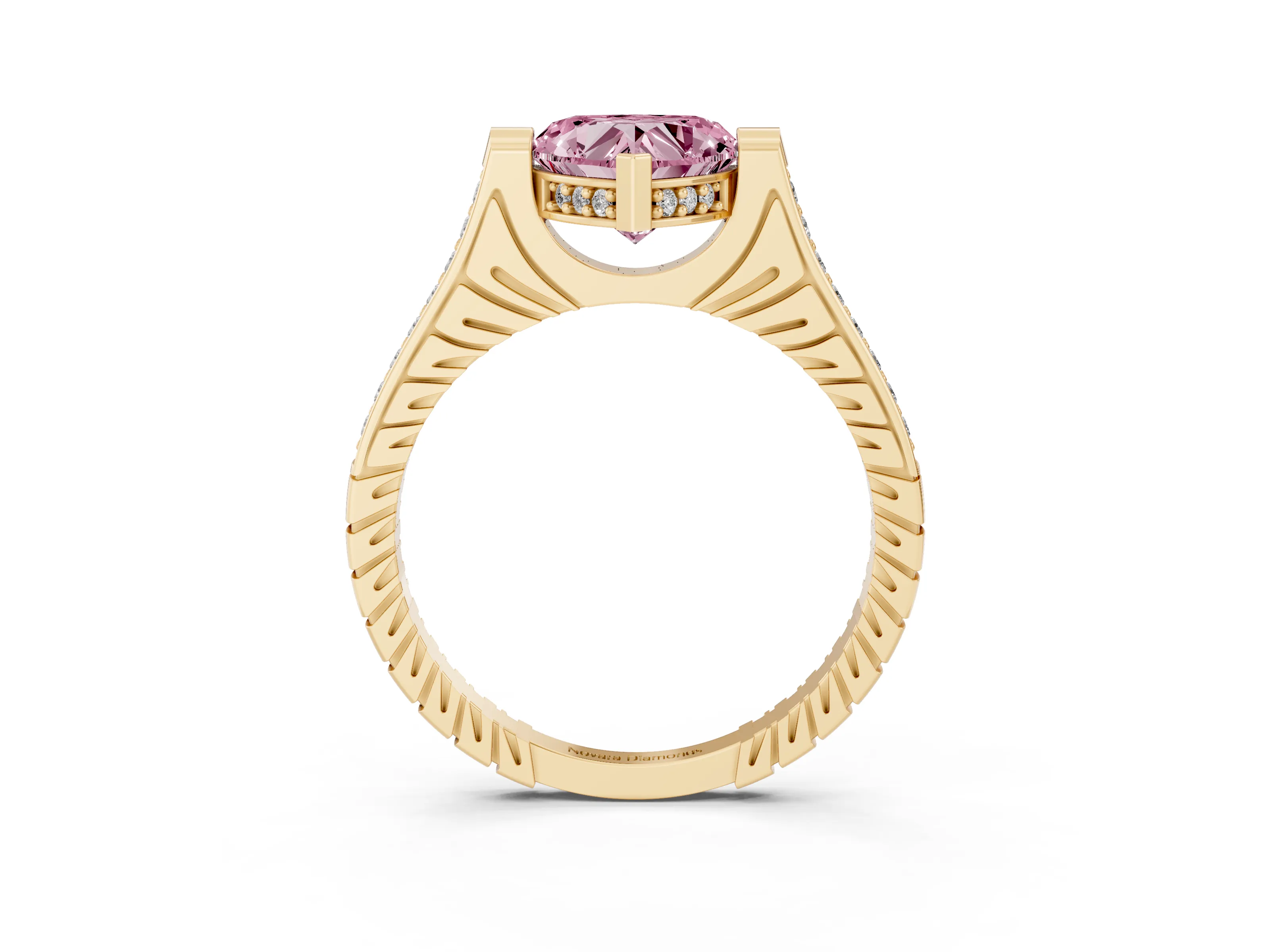 Fancy Pink Heart Cut Diamond Solitaire Ring Set in Yellow gold with Channel Set Band and Bezel Prong Setting