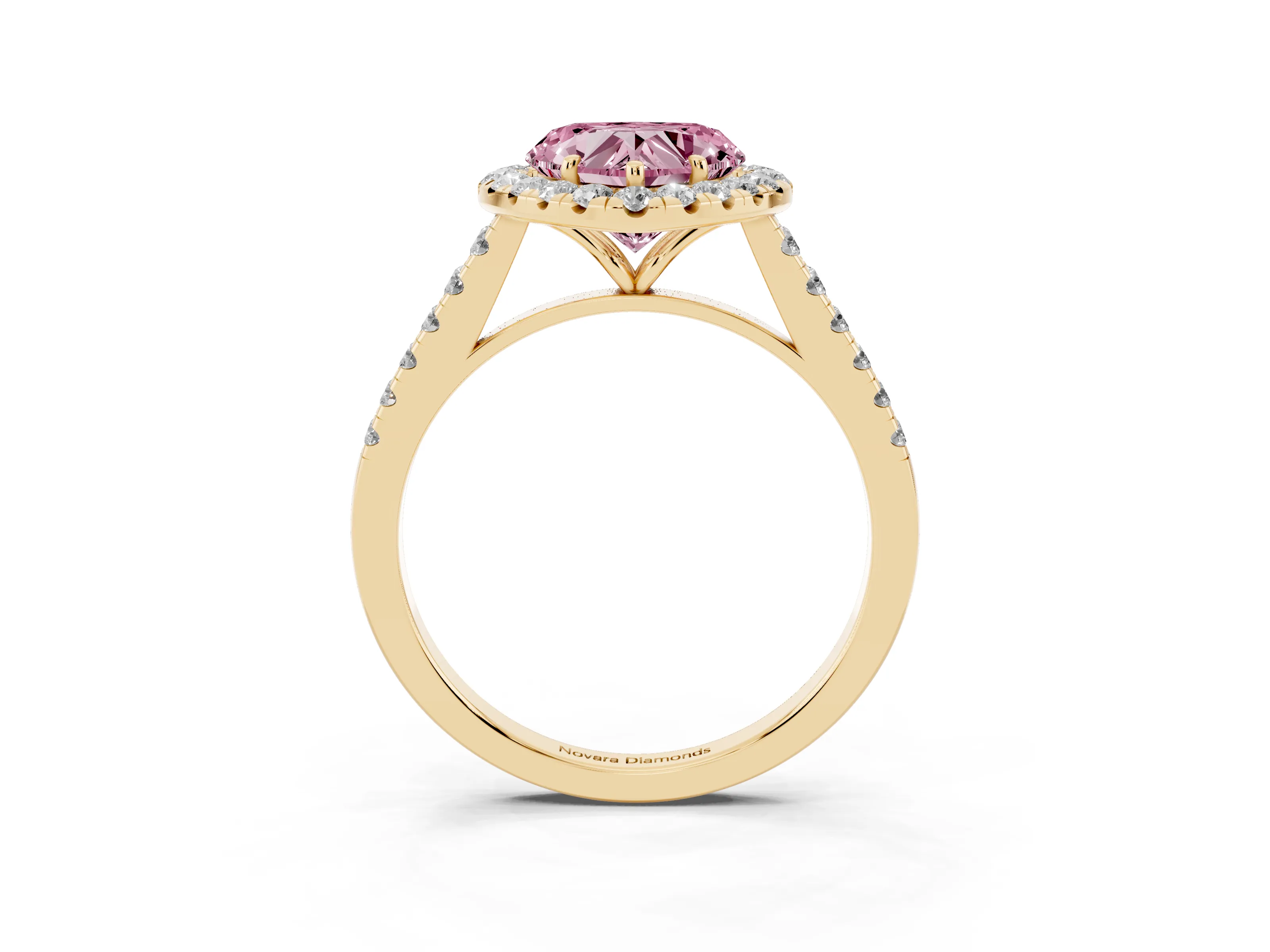 Fancy Pink Heart Cut Diamond Halo Pavé Engagement Ring Set in Yellow gold with Prong Setting