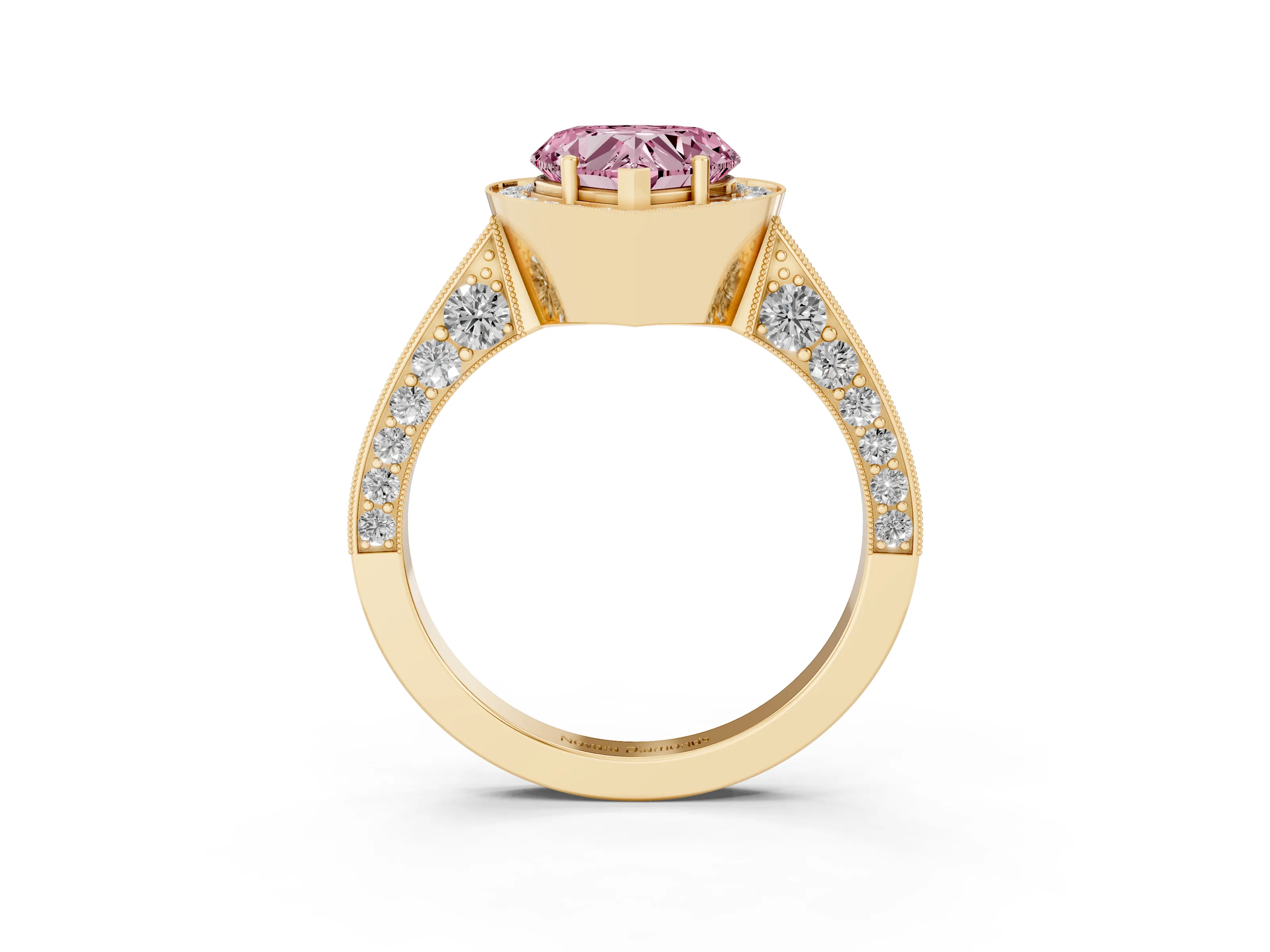 Fancy Pink Heart Cut Diamond Halo Engagement Ring Set in Yellow gold with Accent Split Shank Band