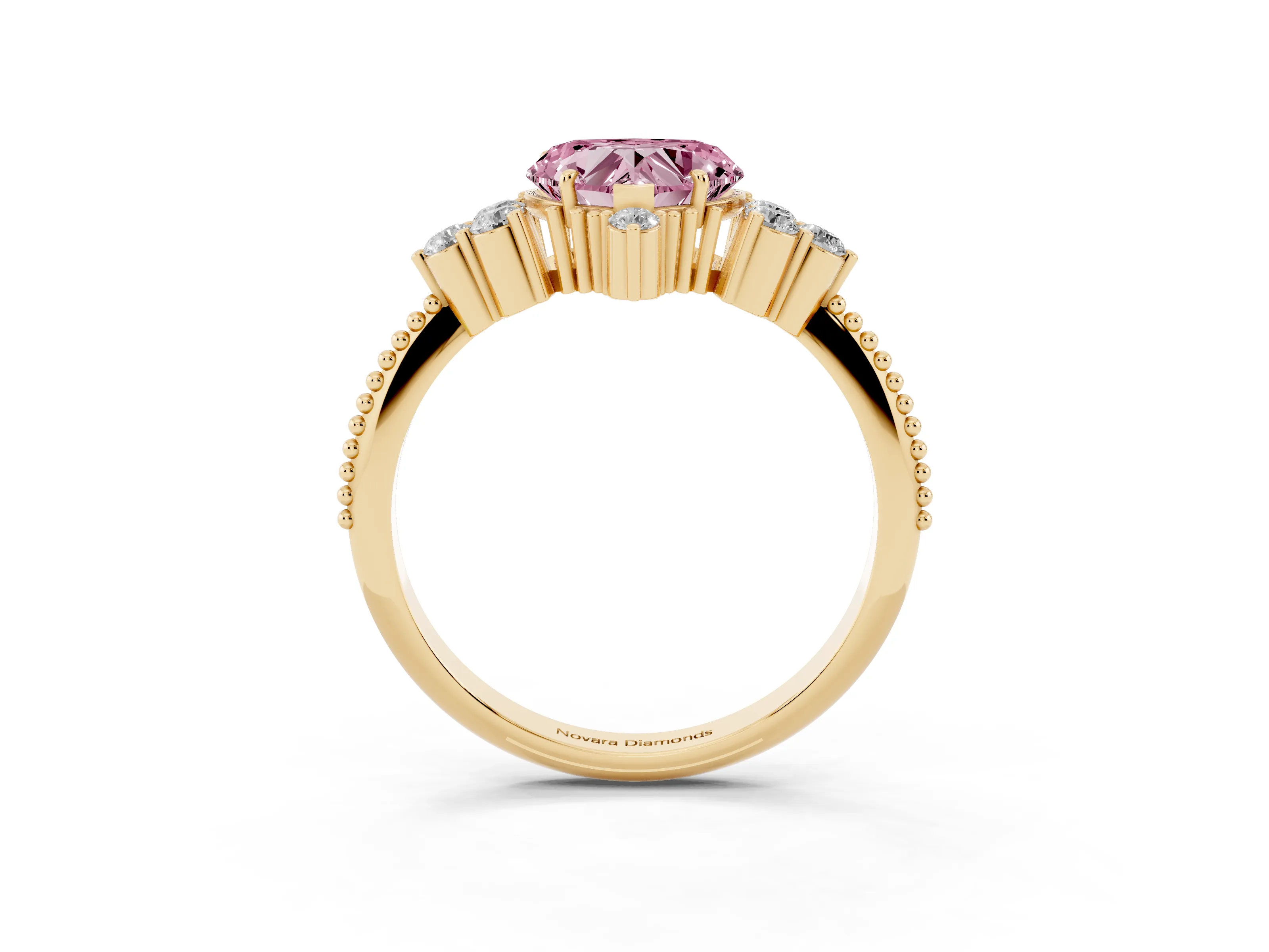 Fancy Pink Heart Cut Diamond Cluster Ring Set in Yellow gold with Beaded Band