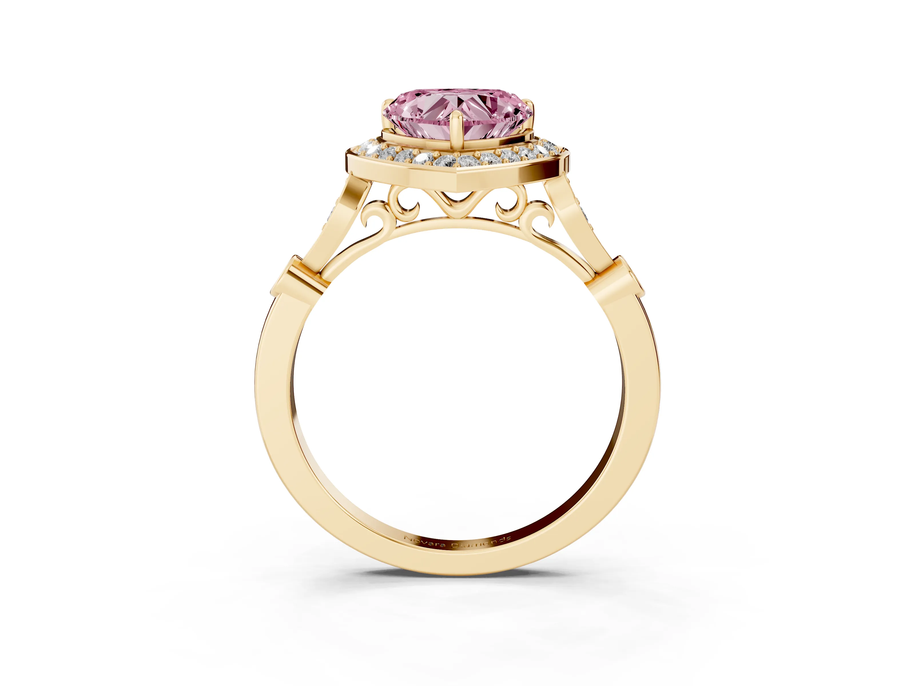 Fancy Pink Heart Cut Diamond Halo Engagement Ring Set in Yellow gold with Twisted Band and Prong Setting