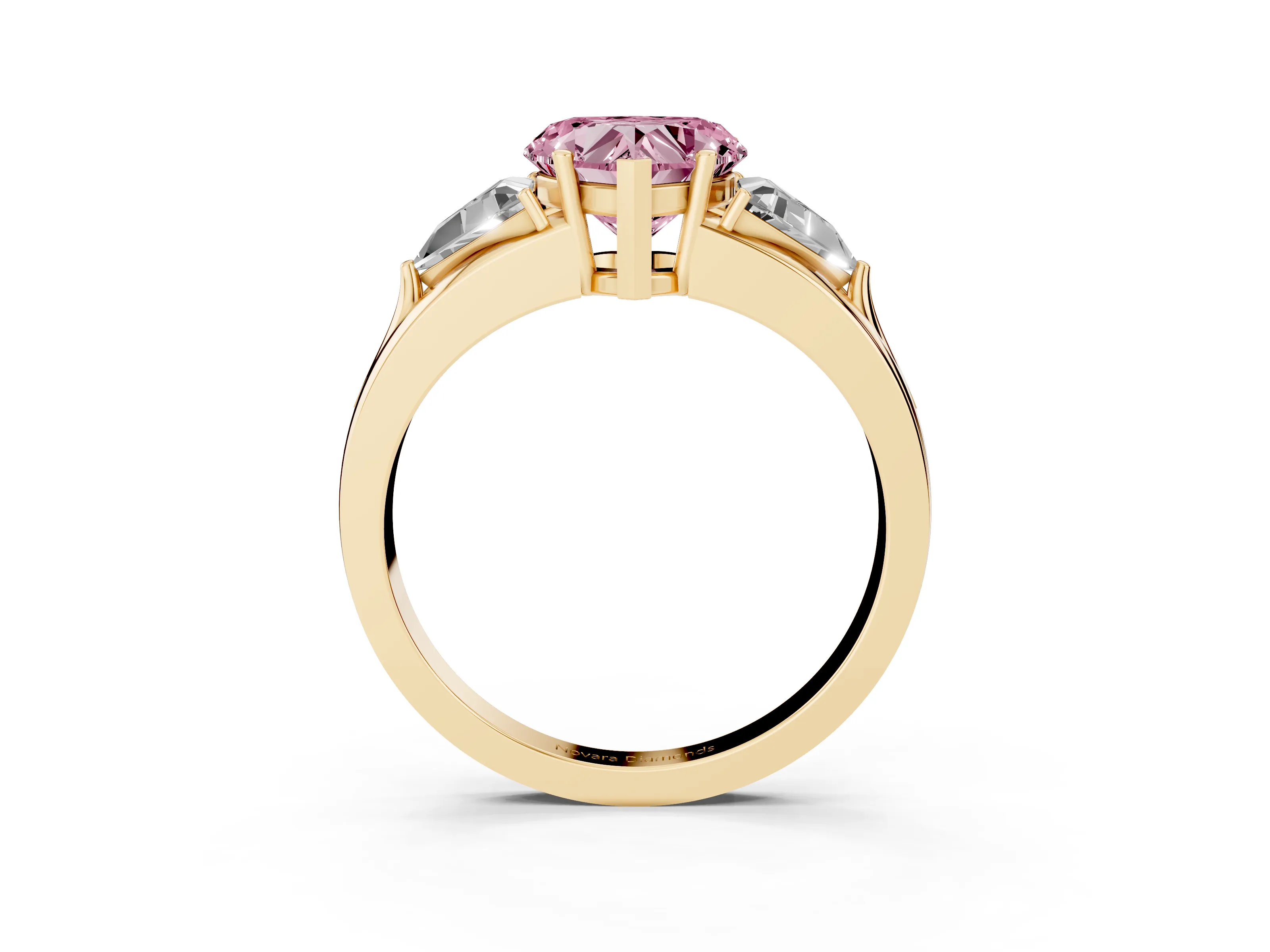 Fancy Pink Heart Cut Diamond Three-Stone Ring Set in Yellow gold with Trillion Side Stones and Split Shank