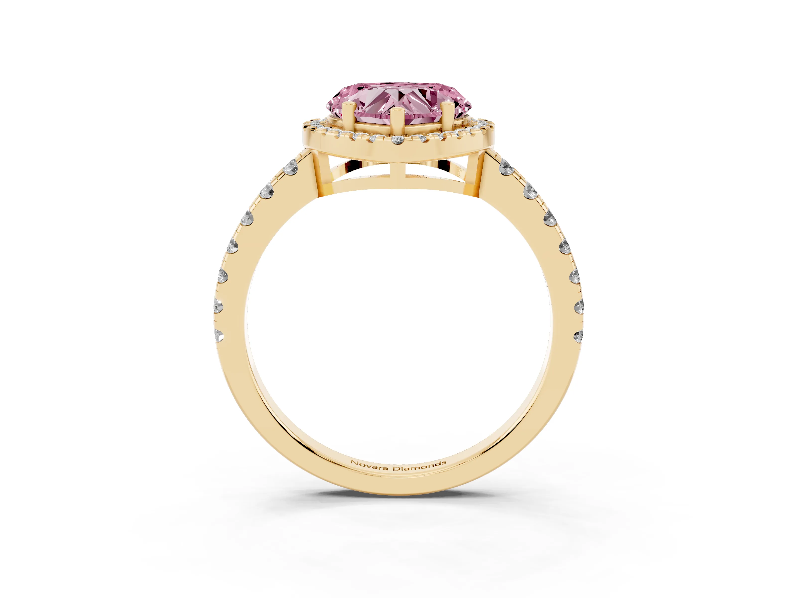 Fancy Pink Heart Cut Diamond Halo Ring Set in Yellow gold with Delicate Pavé Band and Prong Setting
