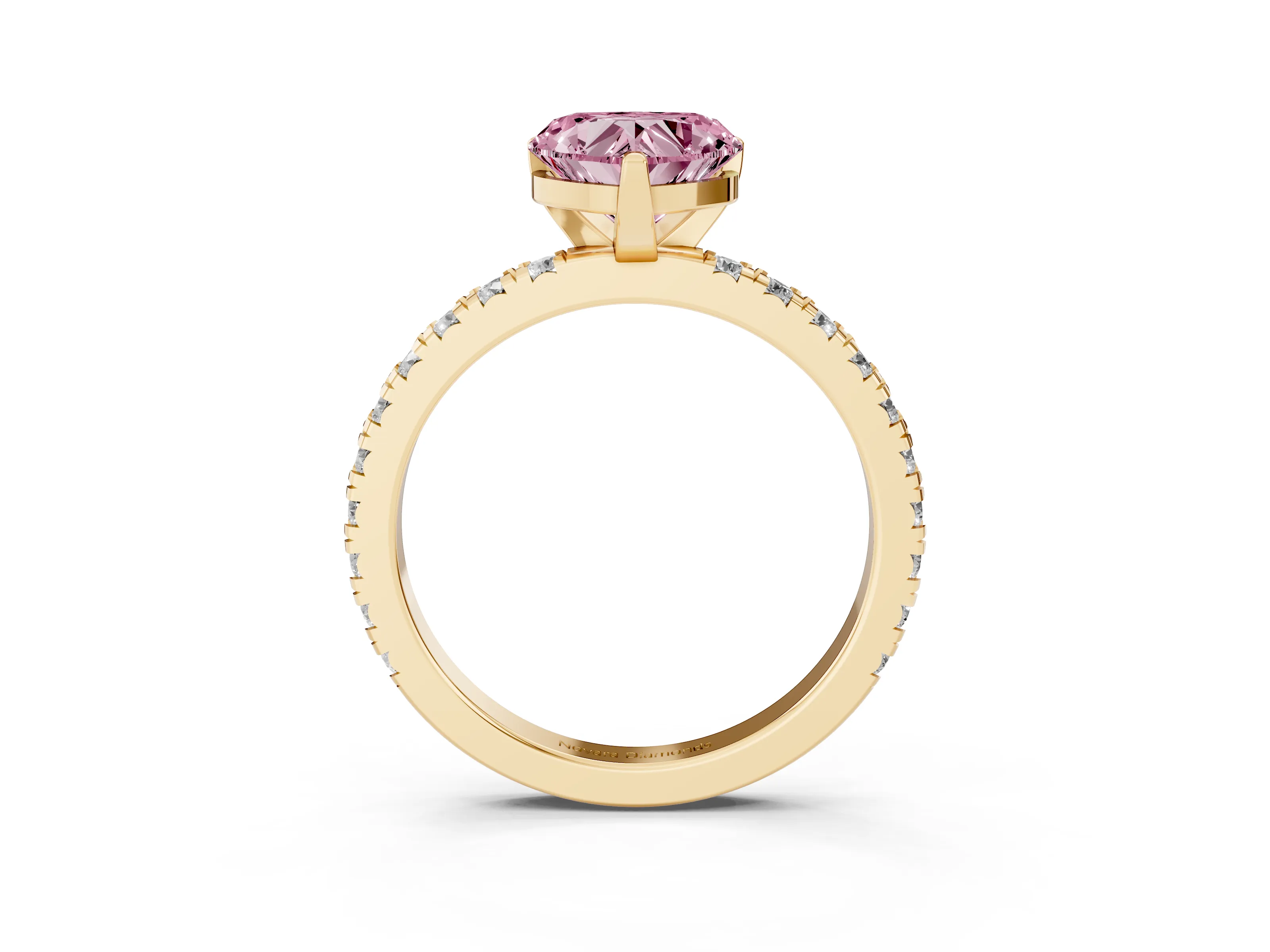 Fancy Pink Heart Cut Diamond Pavé Band Solitaire Set in Yellow gold with Prong Setting