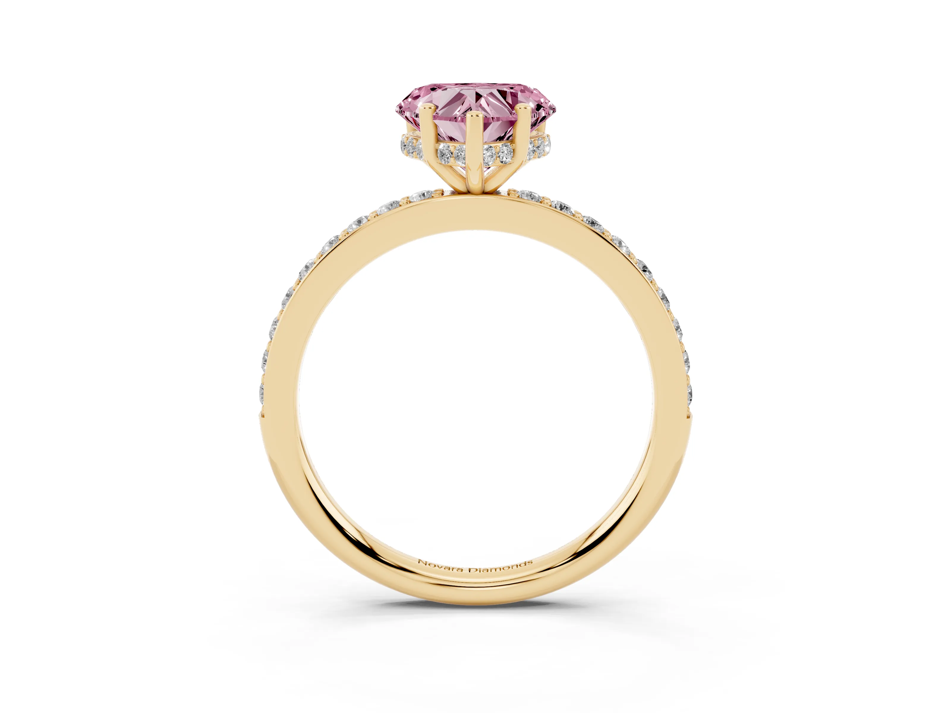 Fancy Pink Heart Cut Diamond Pavé Band Ring Set in Yellow gold with Prong-Set Center Stone