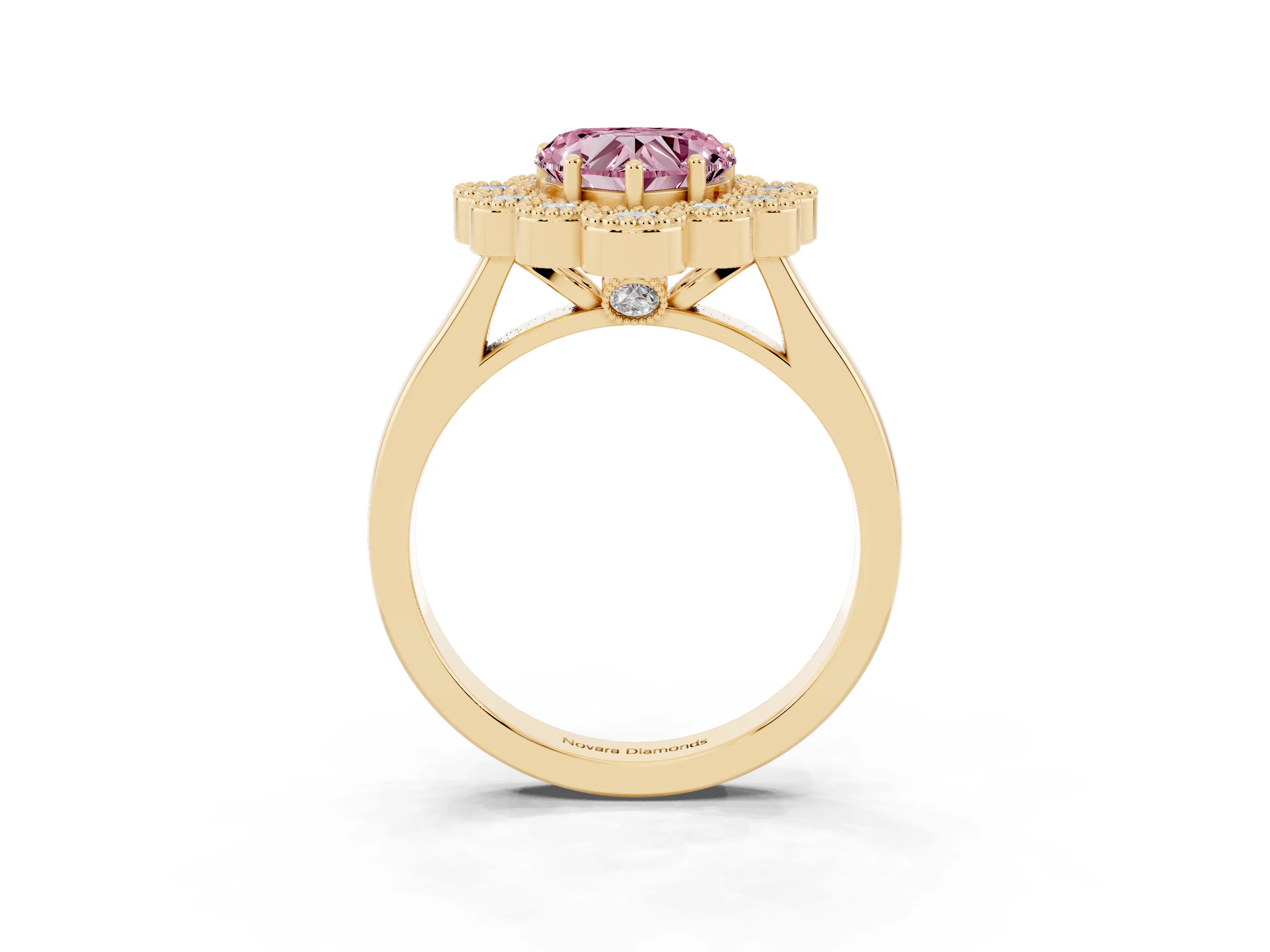 Fancy Pink Heart Cut Diamond Cluster Halo Ring Set in Yellow gold with Milgrain Bezel Accents and Plain Band