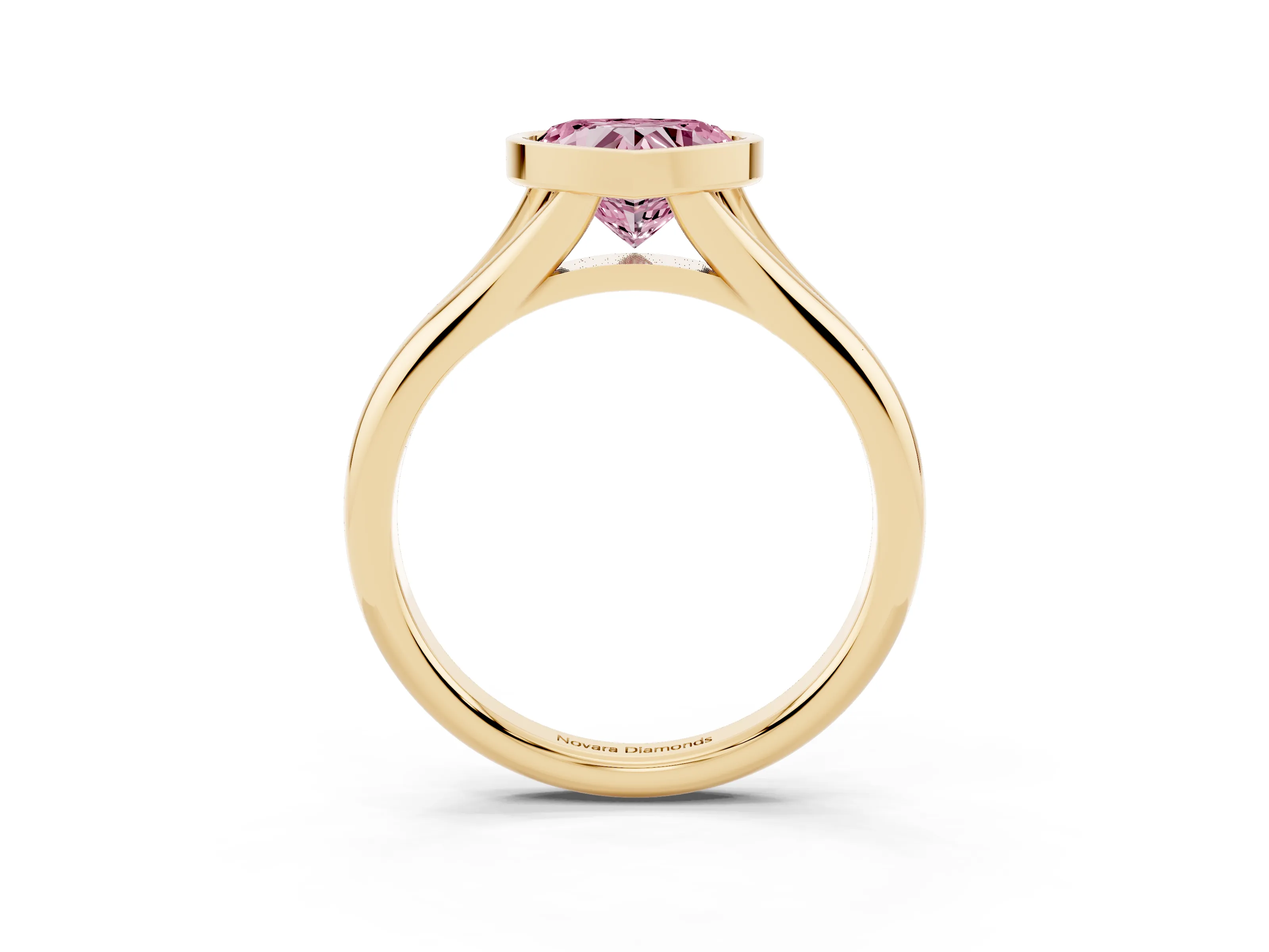 Fancy Pink Bezel Set Heart Cut Diamond Solitaire Ring Set in Yellow gold with Smooth Band