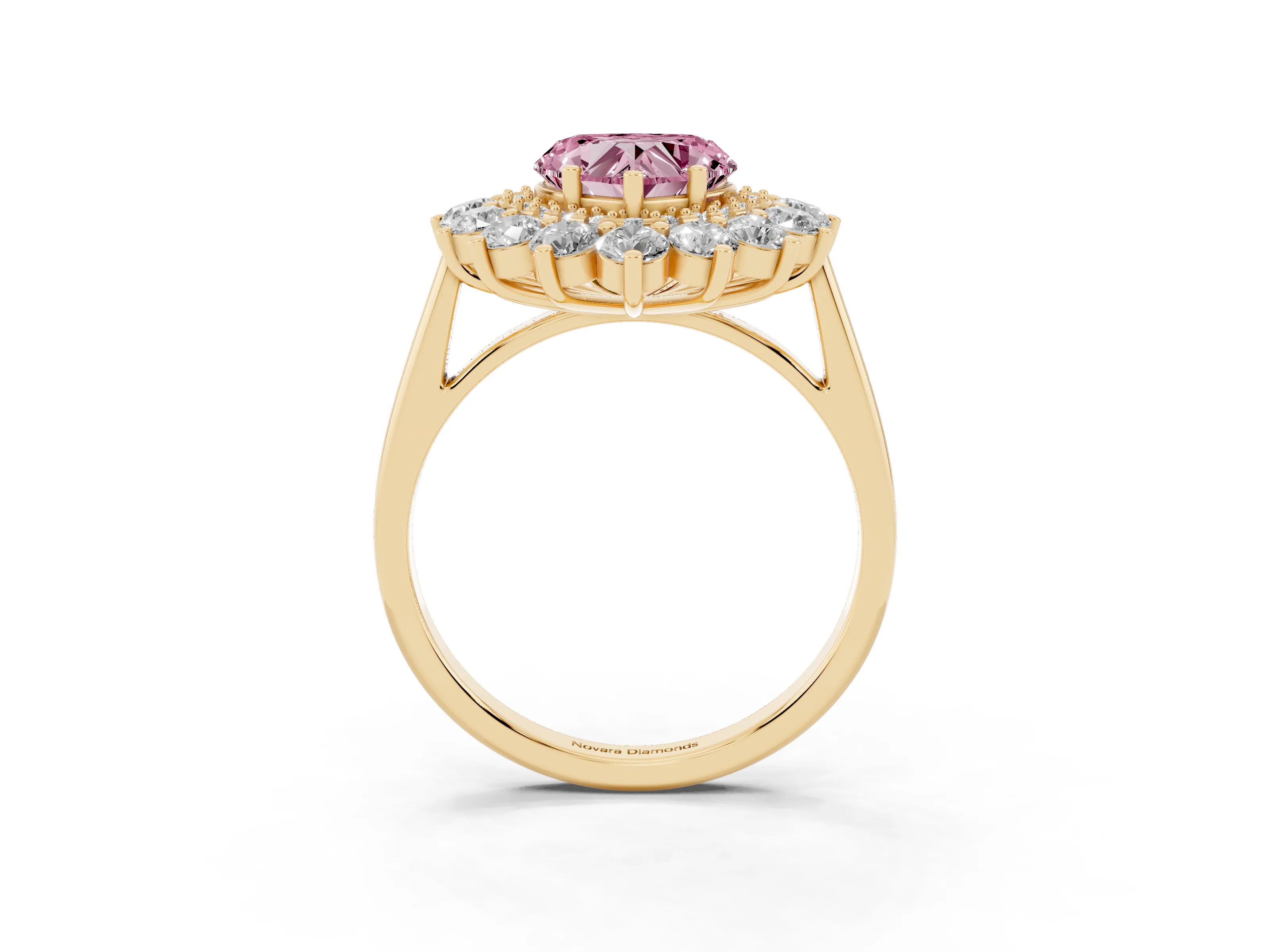 Fancy Pink Heart Cut Diamond Floral Double Halo Ring Set in Yellow gold with Round Petals