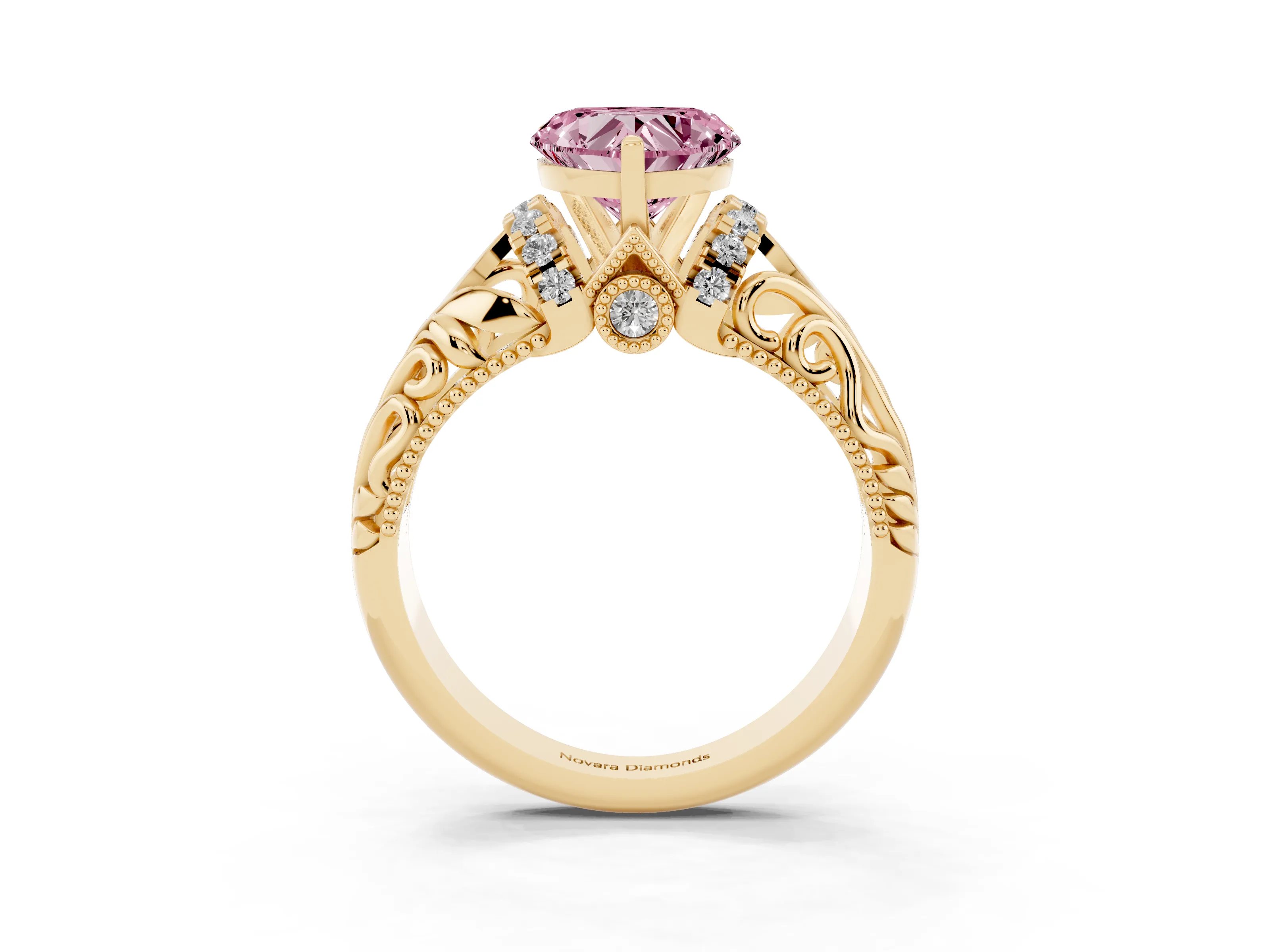 Fancy Pink Heart Cut Diamond Filigree Halo Engagement Ring Set in Yellow gold with Prong Setting