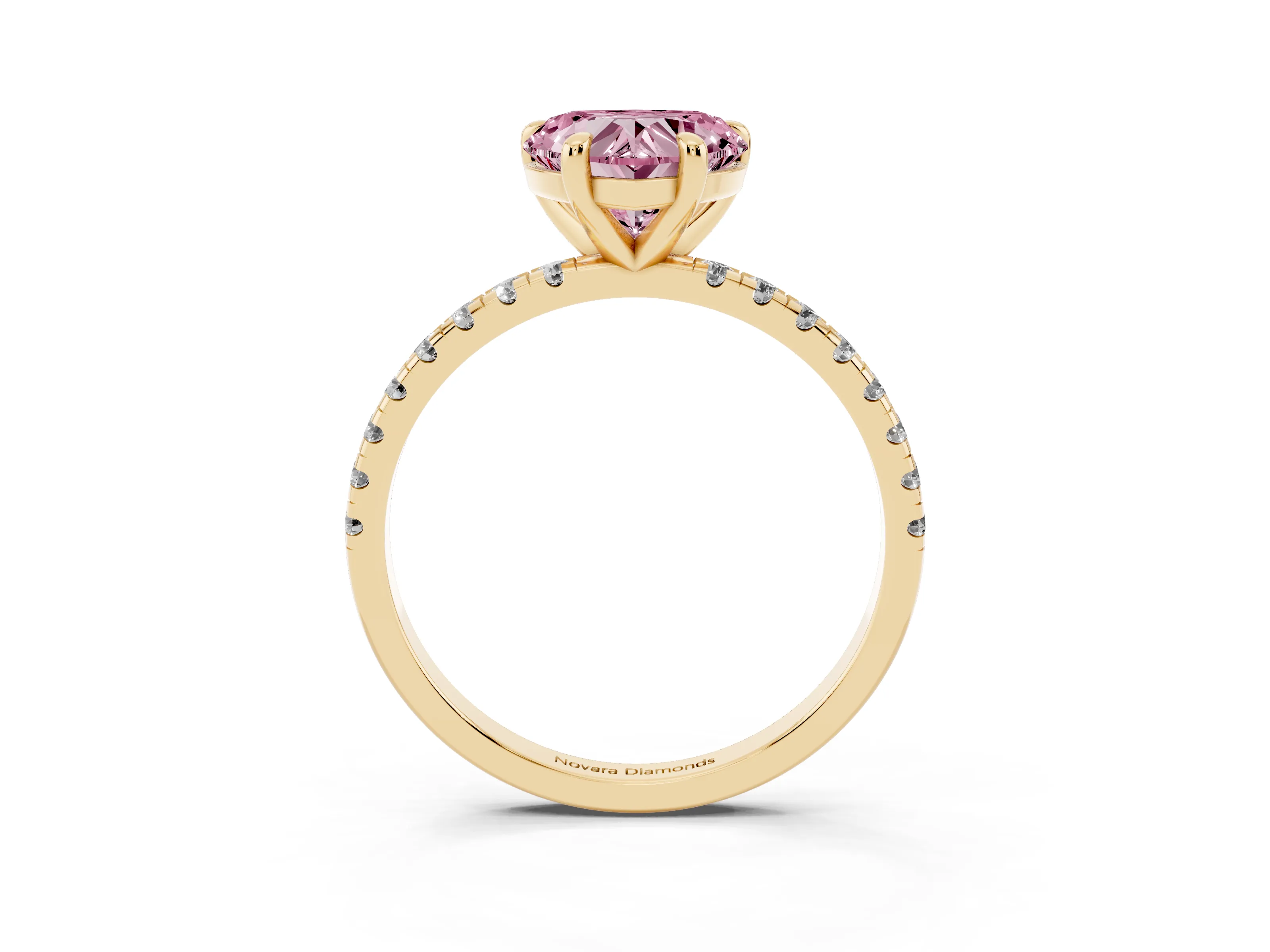 Fancy Pink Heart Cut Diamond Brilliant Solitaire Ring Set in Yellow gold with Pavé Band and Prong Setting
