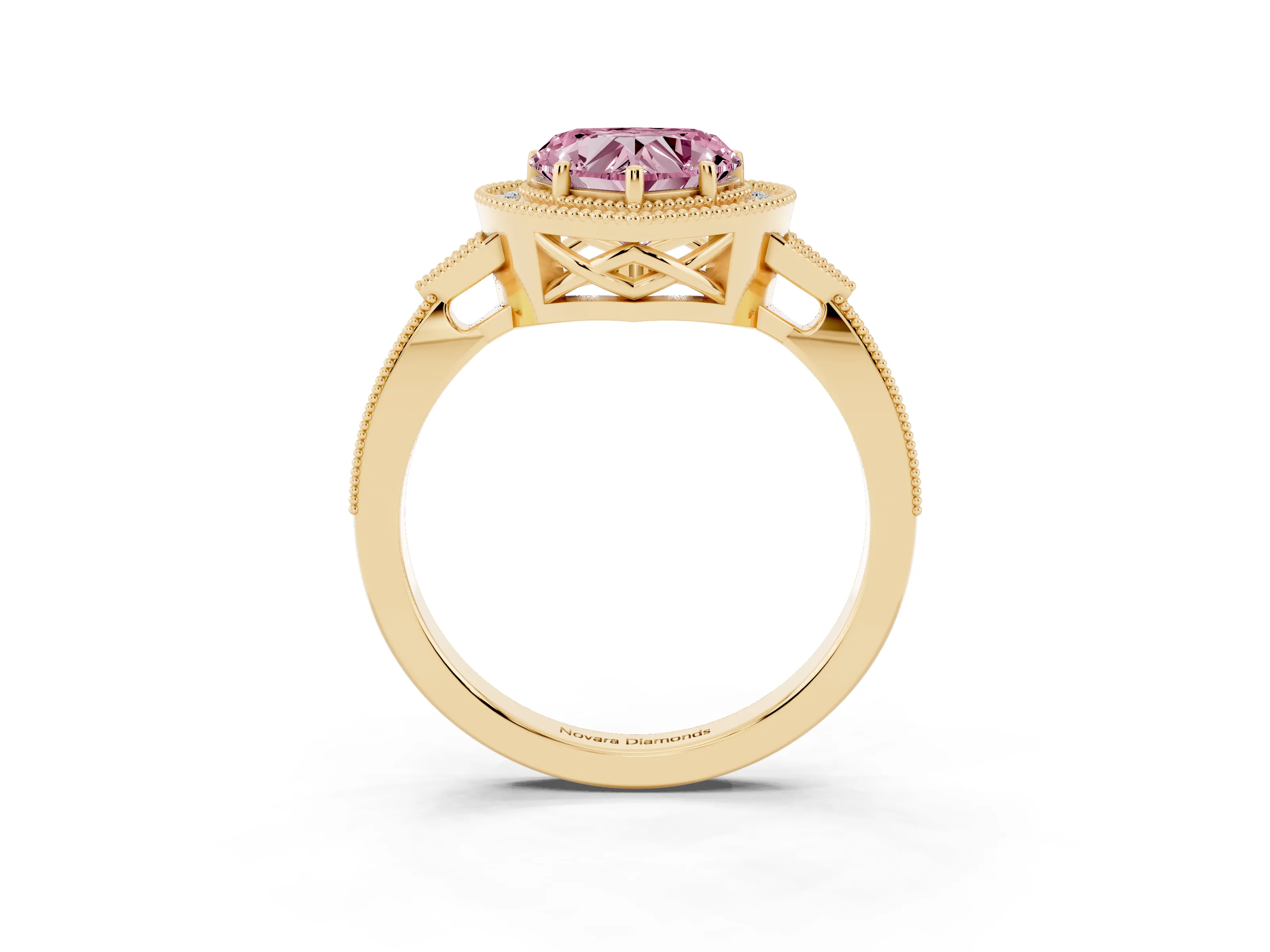 Fancy Pink Heart Cut Diamond Halo Engagement Ring Set in Yellow gold with Milgrain Pavé Band