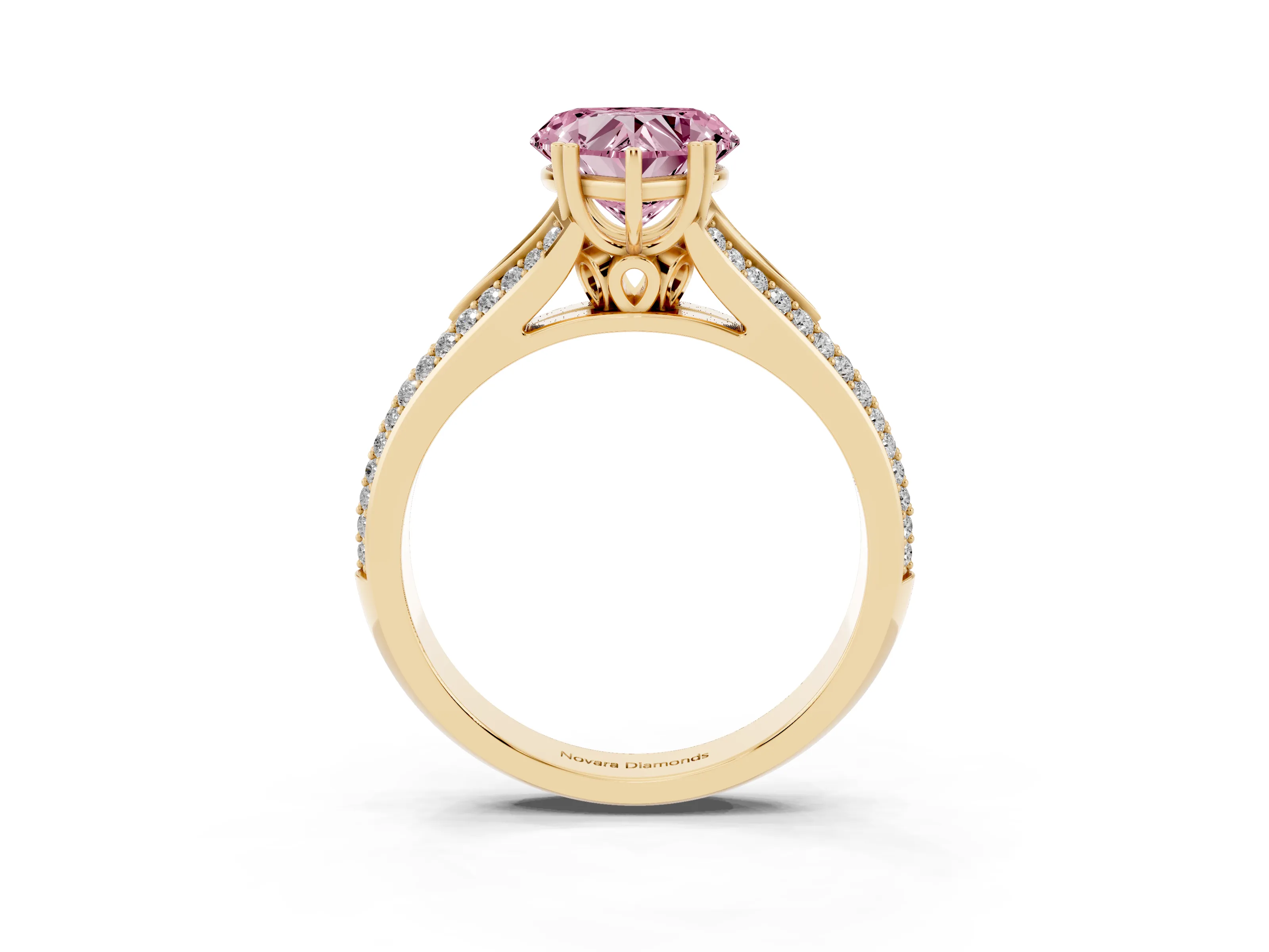 Fancy Pink Heart Cut Diamond Split Shank Pavé Engagement Ring Set in Yellow gold with Prong-Set Center Stone