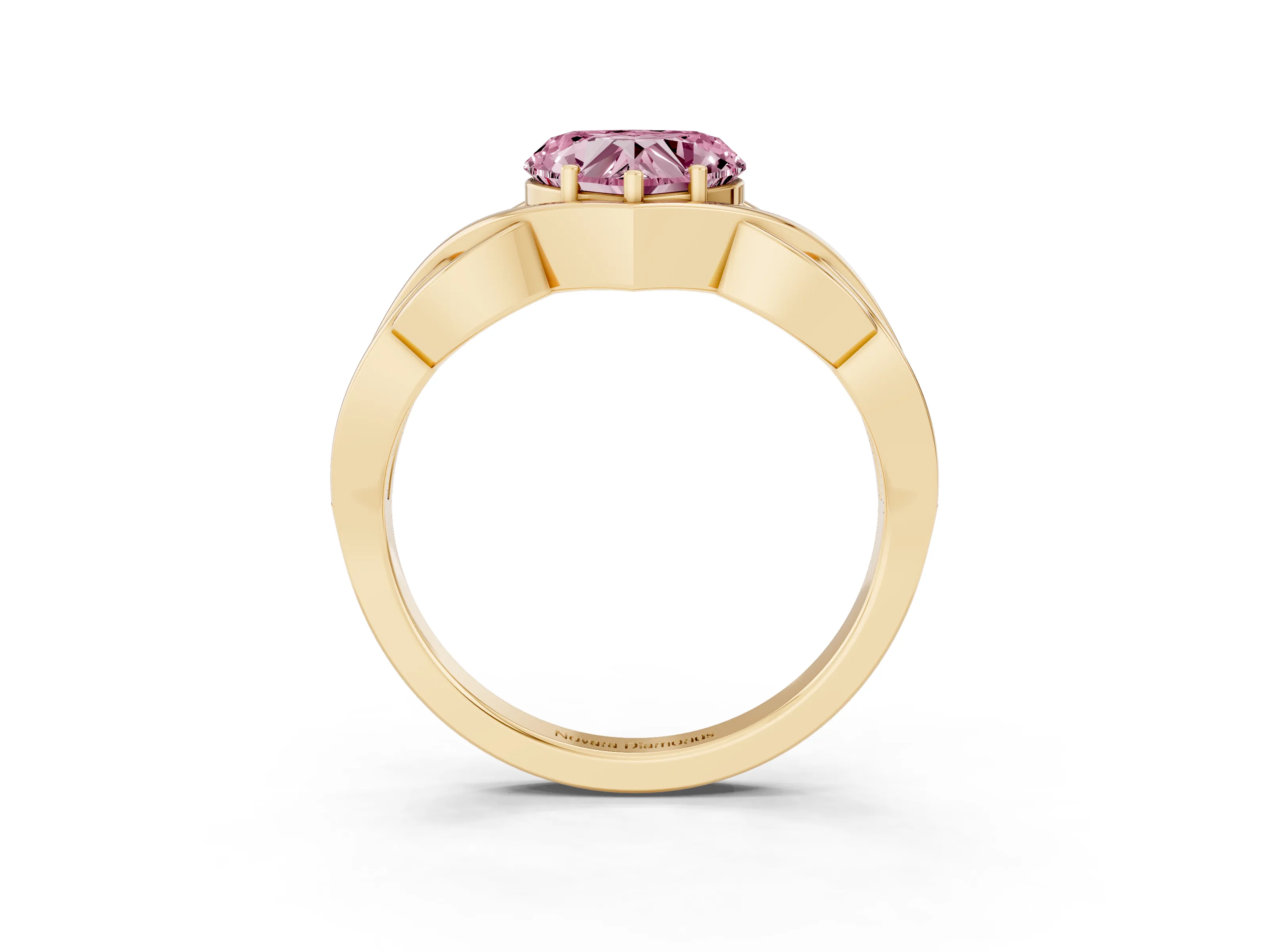 Fancy Pink Heart Cut Diamond Solitaire Ring Set in Yellow gold with Intertwined Band